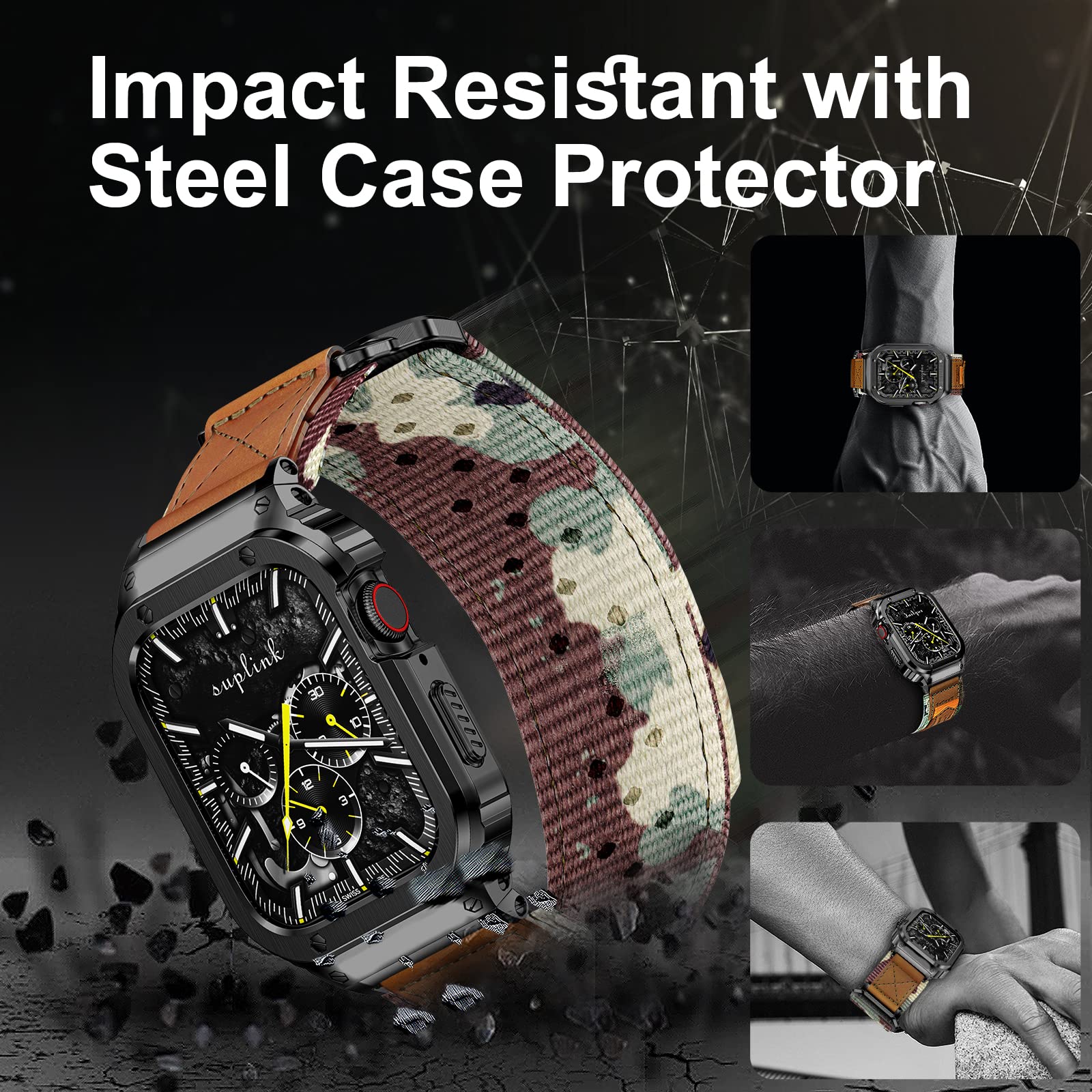 Suplink Metal Case with Nylon Band Compatible Apple Watch Bands 44mm,Stainless Steel Protector Cover Strap for iWatch Series 6/5/4/SE(Camouflage) - Image 3