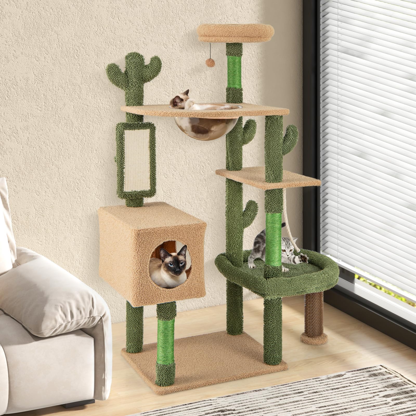 COSTWAY Arbre à Chat Cactus 150 cm, Tour pour Chats à 5 Étages, 4 Plateformes, Condo, Capsule, Arbre à Chat XXL, Brosse d'Toilettage, Planche à Griffer, 3 Poteaux à Griffer en Sisal