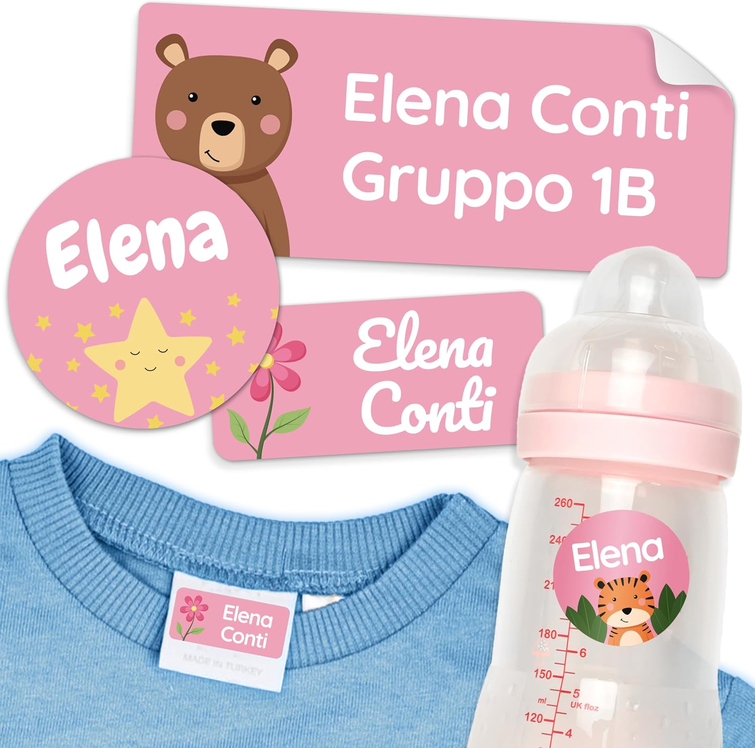 melu kids® Set di etichette adesive personalizzate scuola materna e asilo (50 pezzi) - Etichette personalizzate per vestiti, tessuti e oggetti - Adesivi Personalizzati Lavabili - Rosa