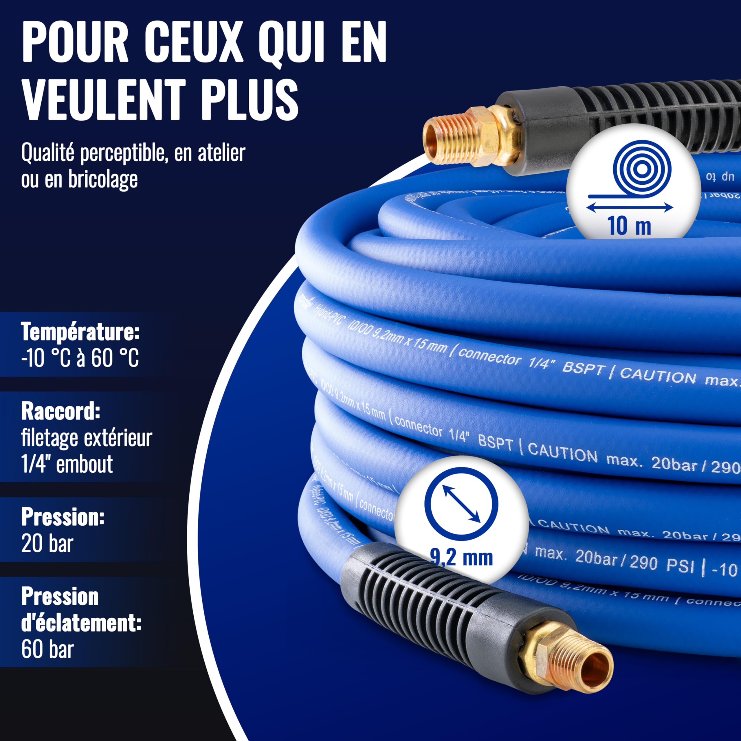 Poppstar Tuyau à Air Comprimé PVC Hybride 10m, Diamètre Intérieur 9,2mm, Douille en Laiton 1/4", 20 bar, Bleu