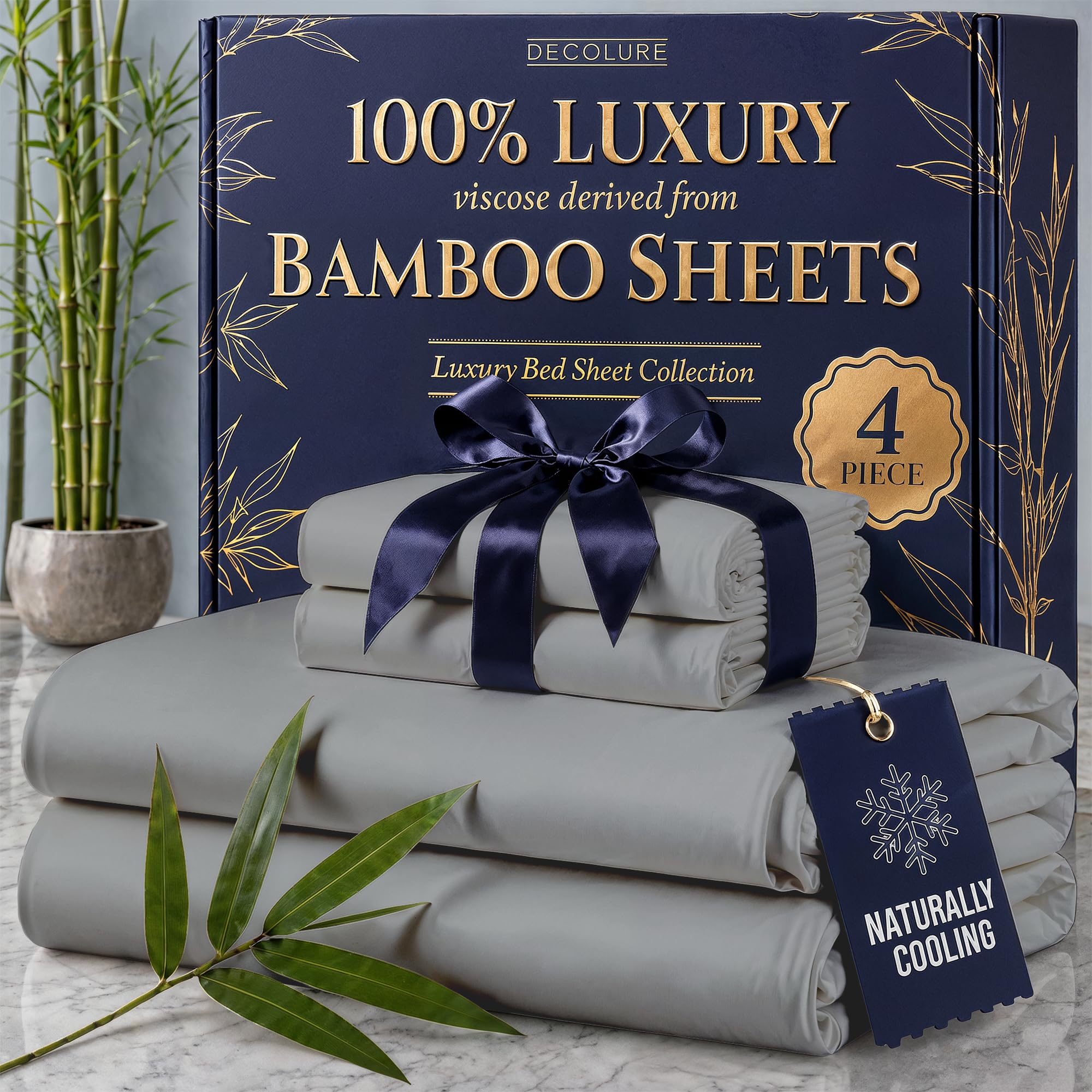 DECOLURE 100% Viscose Derived from Bamboo Sheets Cal King Size 4pcs - Ultra Soft & Luxuriously Cooling, 17" Deep Pocket, Double Stitching, Perfect for Hot Sleepers - King Bed Sheets (Midgrey) โ image 1