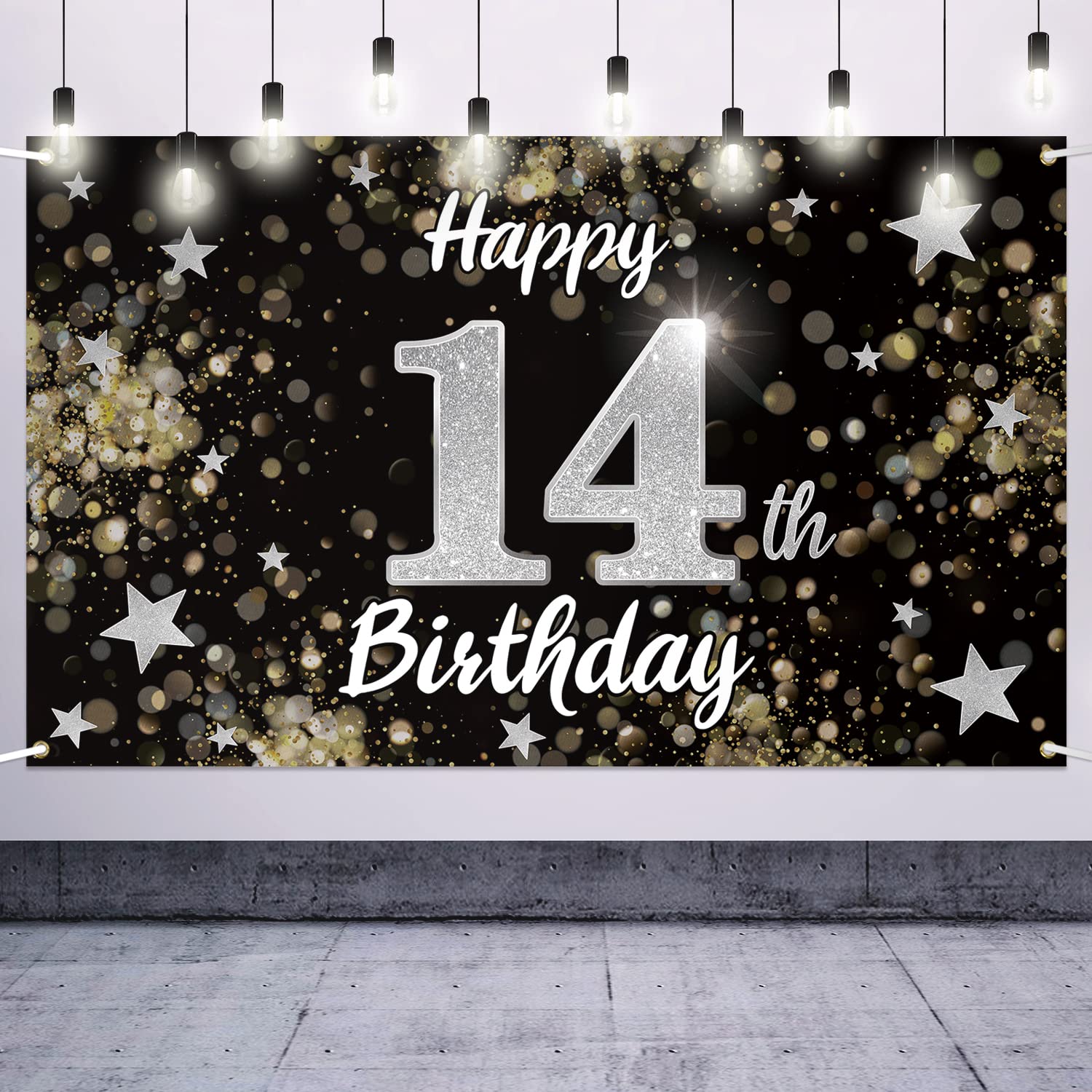 Nelbiirth Happy 14th Birthday Decorations,14th Black & Silver Dream Star Large Birthday Banner Backdrop Sign - Cheers to Fourteen Years Old Bday Party