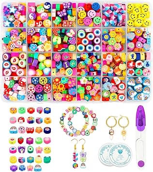 Meschett 480Pcs Fruit Flower Polymer Clay Beads, 24 Styles Cute Heart Letter Clay Beads Charms Jewelry Making Necklace Earrings DIY Bracelet Making Kit Accessories for Women Girls