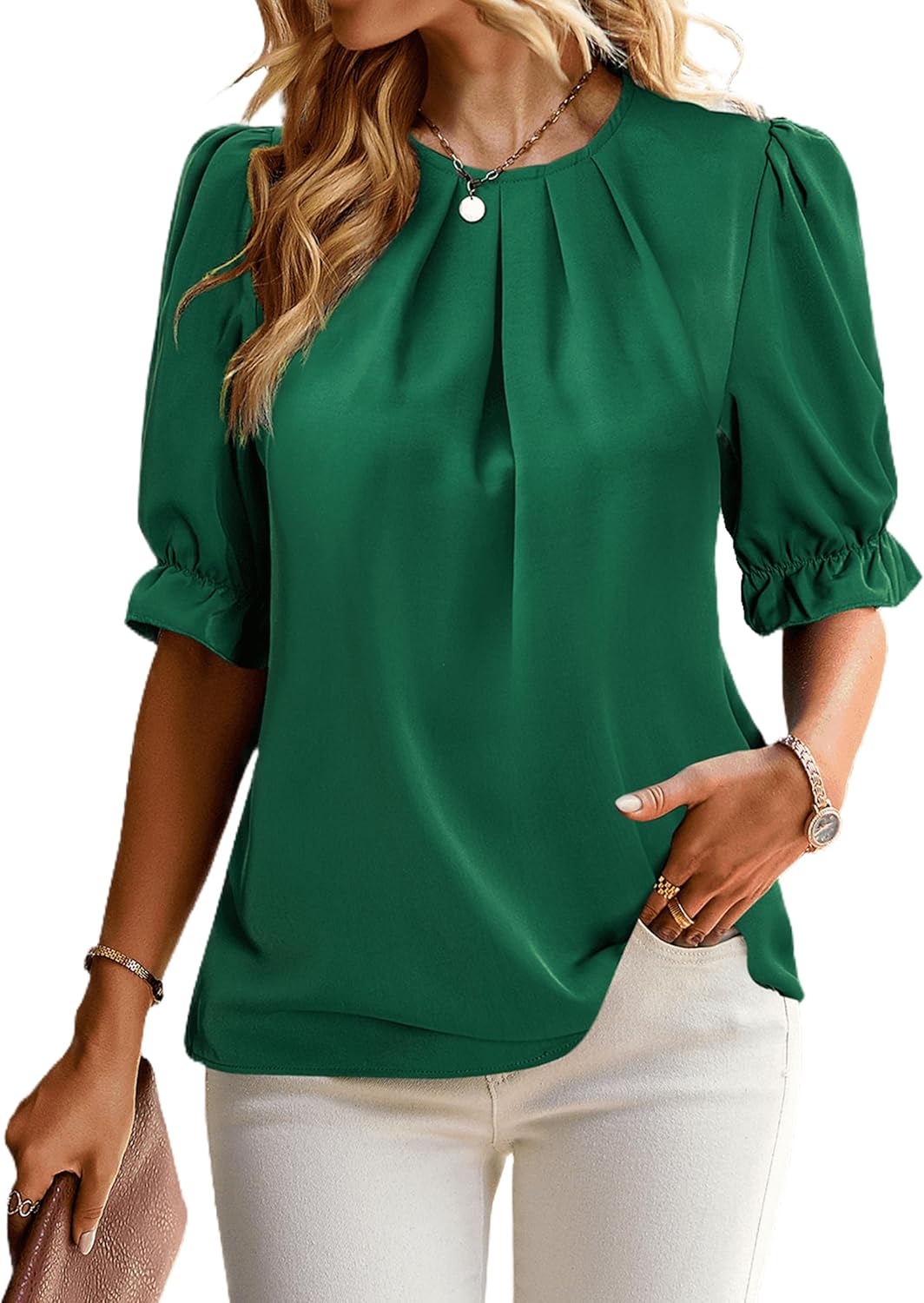 ZILIN Women's Dressy Casual Tops Business Work Blouses Pleated Crew Neck Puff Short Sleeve Shirts