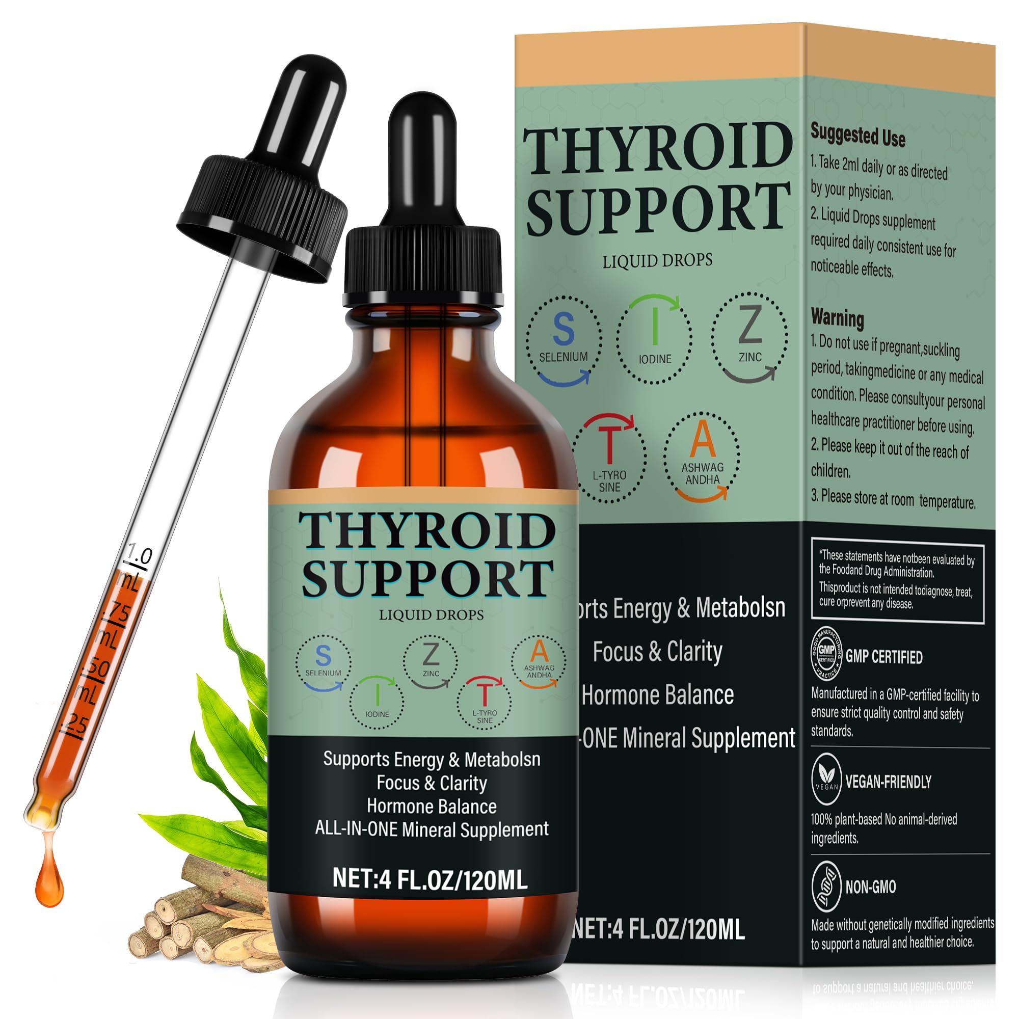 Thyroid Support Liquid Drops for Women & Men - Herbal Thyroid Support Formula with Iodine, Zinc, Selenium & Ashwagandha - Supports Metabolism & Energy - 4 oz (120ml)