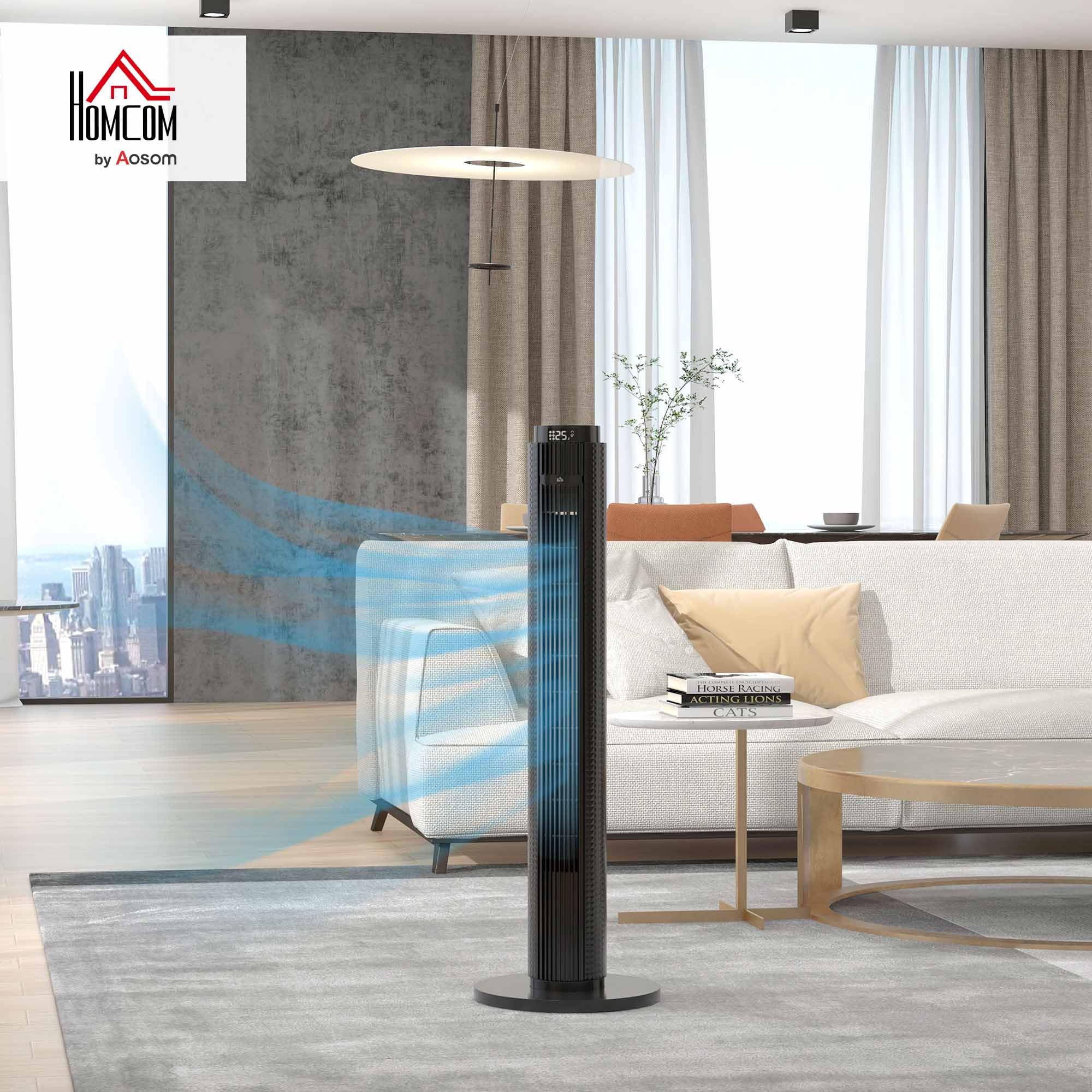 HOMCOM Ventilateur Colonne Silencieux 45 W, Ventilateur Tour pour Chambre à Coucher, 4 Modes, 3 Vitesses, Télécommande, Oscillant 70°, Minuterie 12H, Écran LED et Mode Veille, 96H cm, Noir