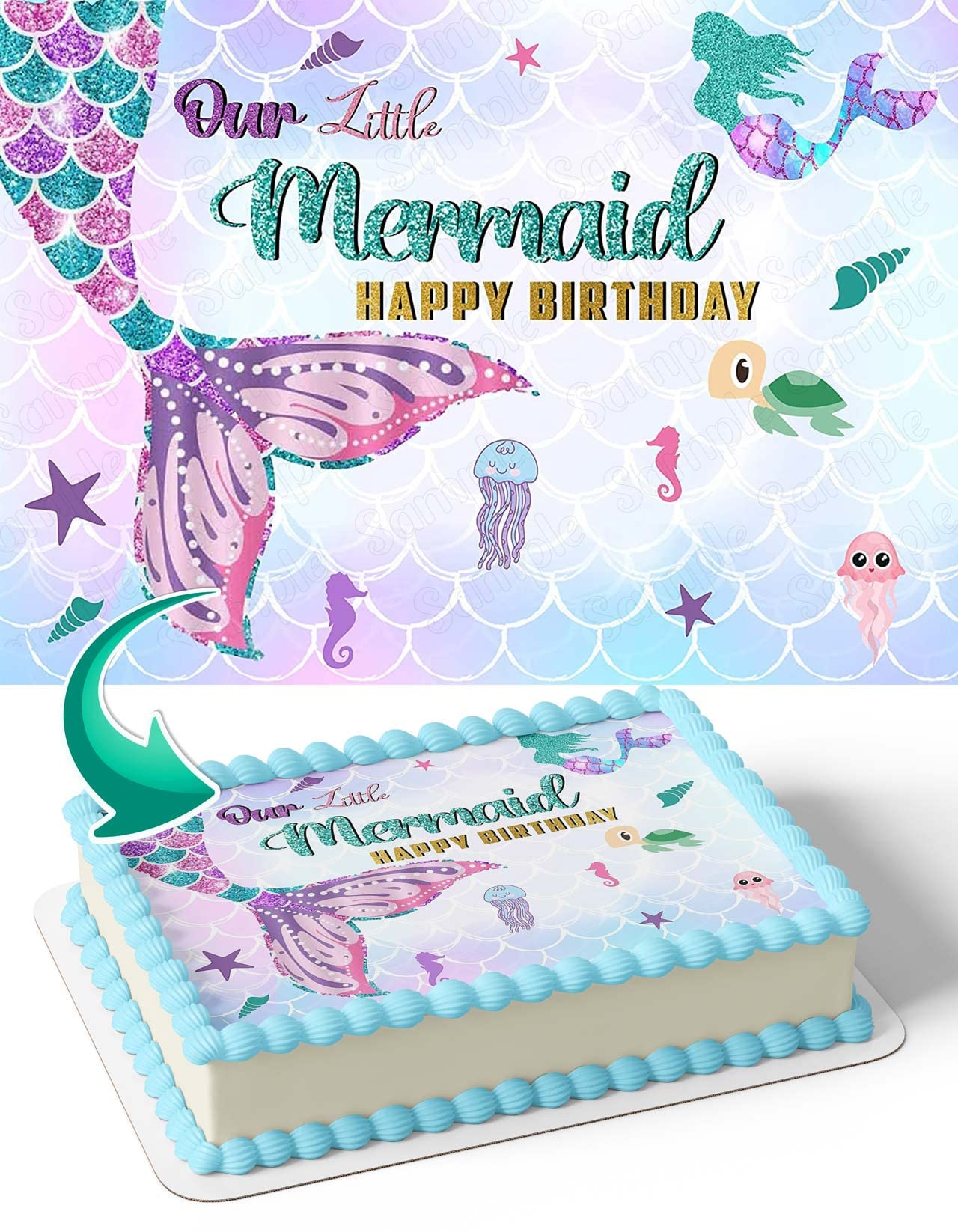 CAKECERY Mermaid Birthday Cute Princess Girl Edible Cake Image Topper Birthday Cake Banner 1/4 Sheet