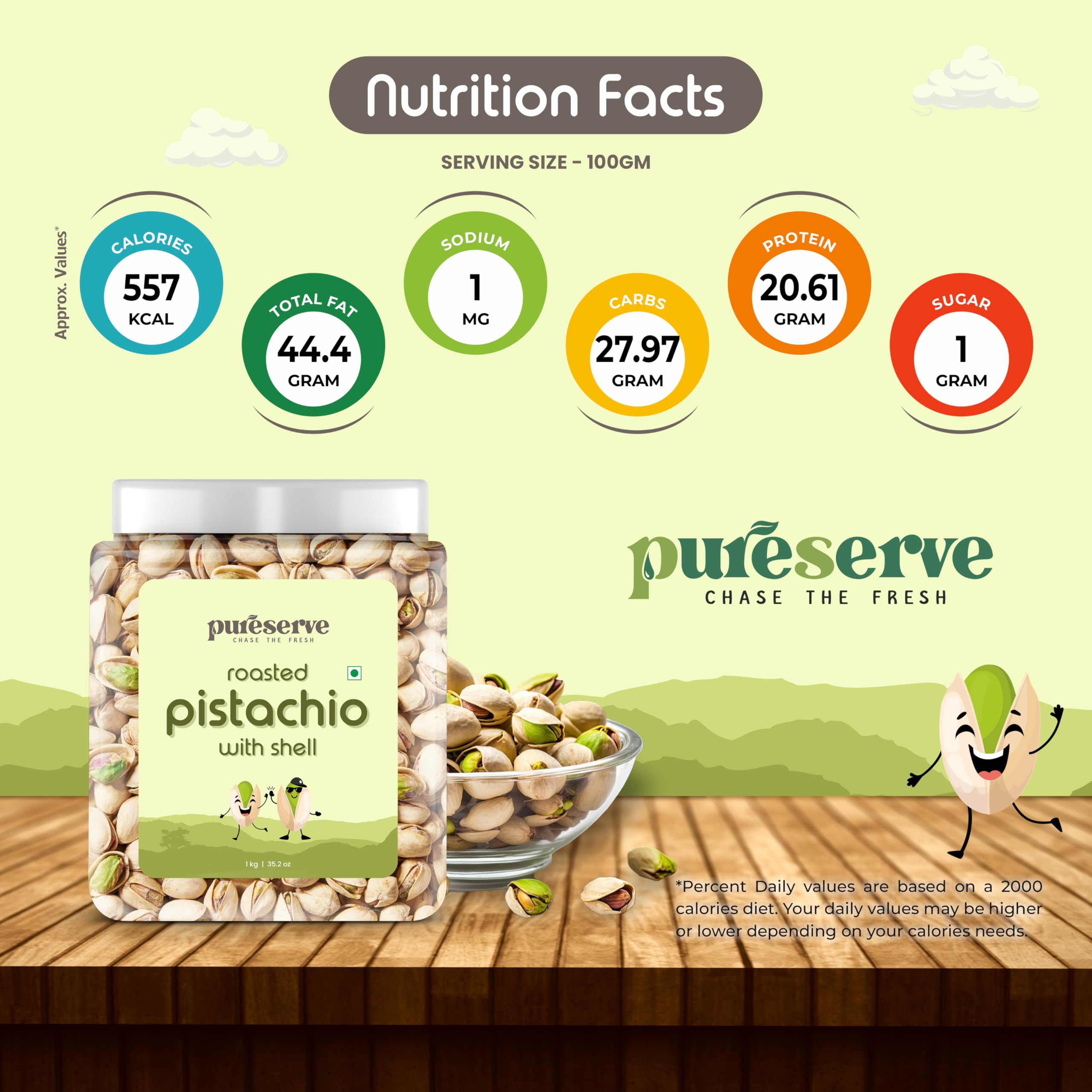 Pureserve Premium Roasted & Salted Pistachios 1Kg – Crunchy Blend | Protein-Rich, Gluten-Free Healthy Snack - Image 4 thumbnail