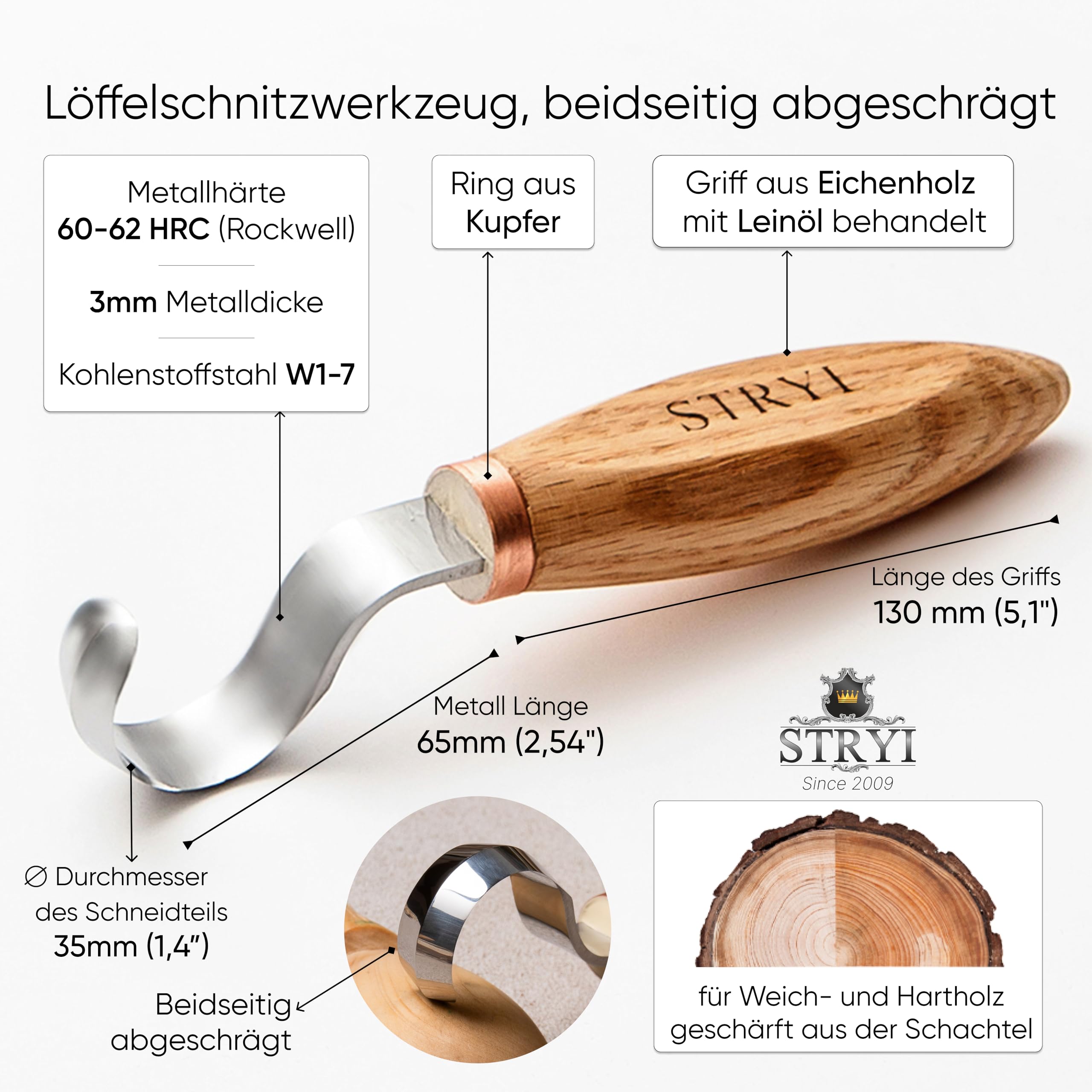 STRYI Profesjonalny nóż łyżkowy 35 mm – dłuto drążone, profil #5 z prostym ostrzem – ręcznie kute narzędzie do rzeźbienia w drewnie, do łyżek, płaskorzeźb, konturów – dla profesjonalistów i rzeźbiarzy