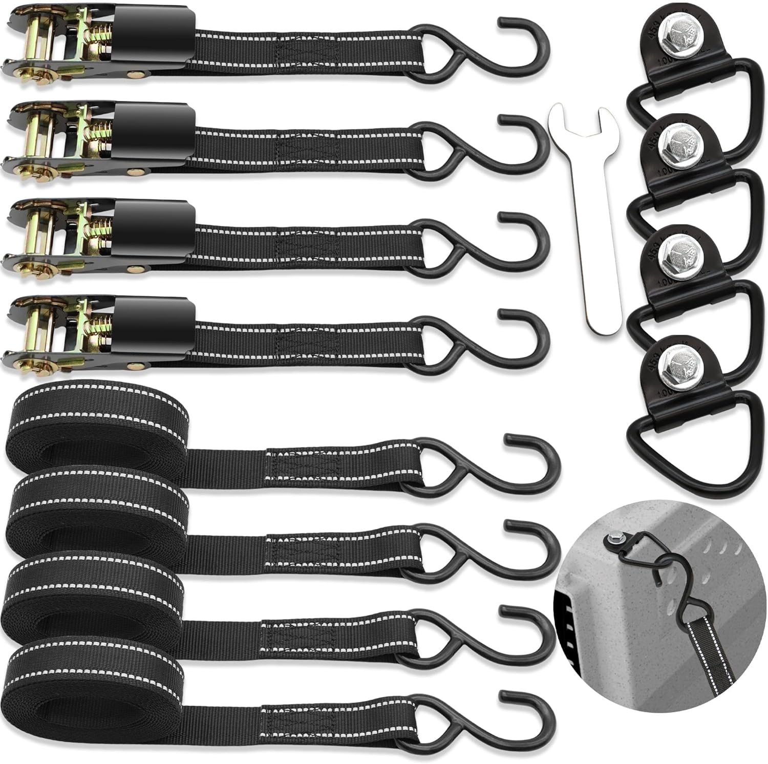 4 Pack Tie Down Kit for Ruffland Kennel – Tie Down D-Ring Kit – 1000 Lbs, with Wrench, Tie Down Straps Kit Compatible with RuffLand Kennels – 1800 LB Break Strength, Night Reflection, 10 Ft