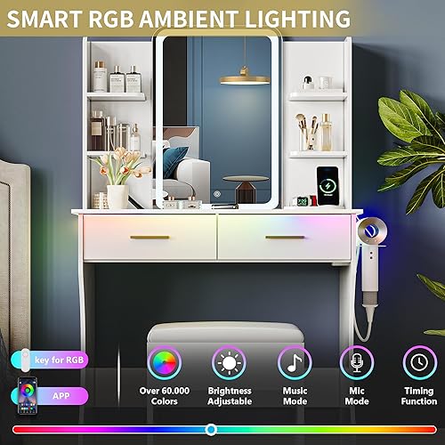 Vista 3 de Mesa de tocador con espejo de luces LED y toma de corriente, juego pequeño de mesa de maquillaje con cajones de almacenamiento y silla, 3 modos