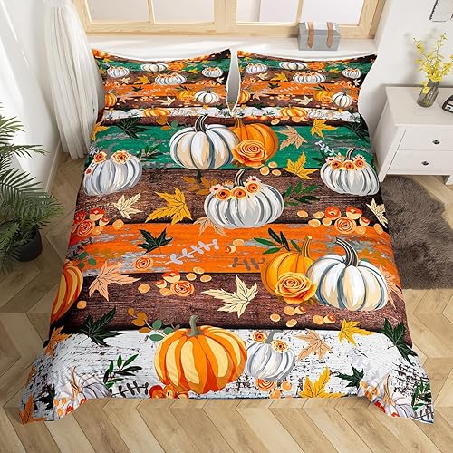 Miniatura 4 de Juego de funda de edredón para niños con diseño de calabaza otoñal, tamaño King, juego de ropa de cama rústica con tablones de madera, decoración de
