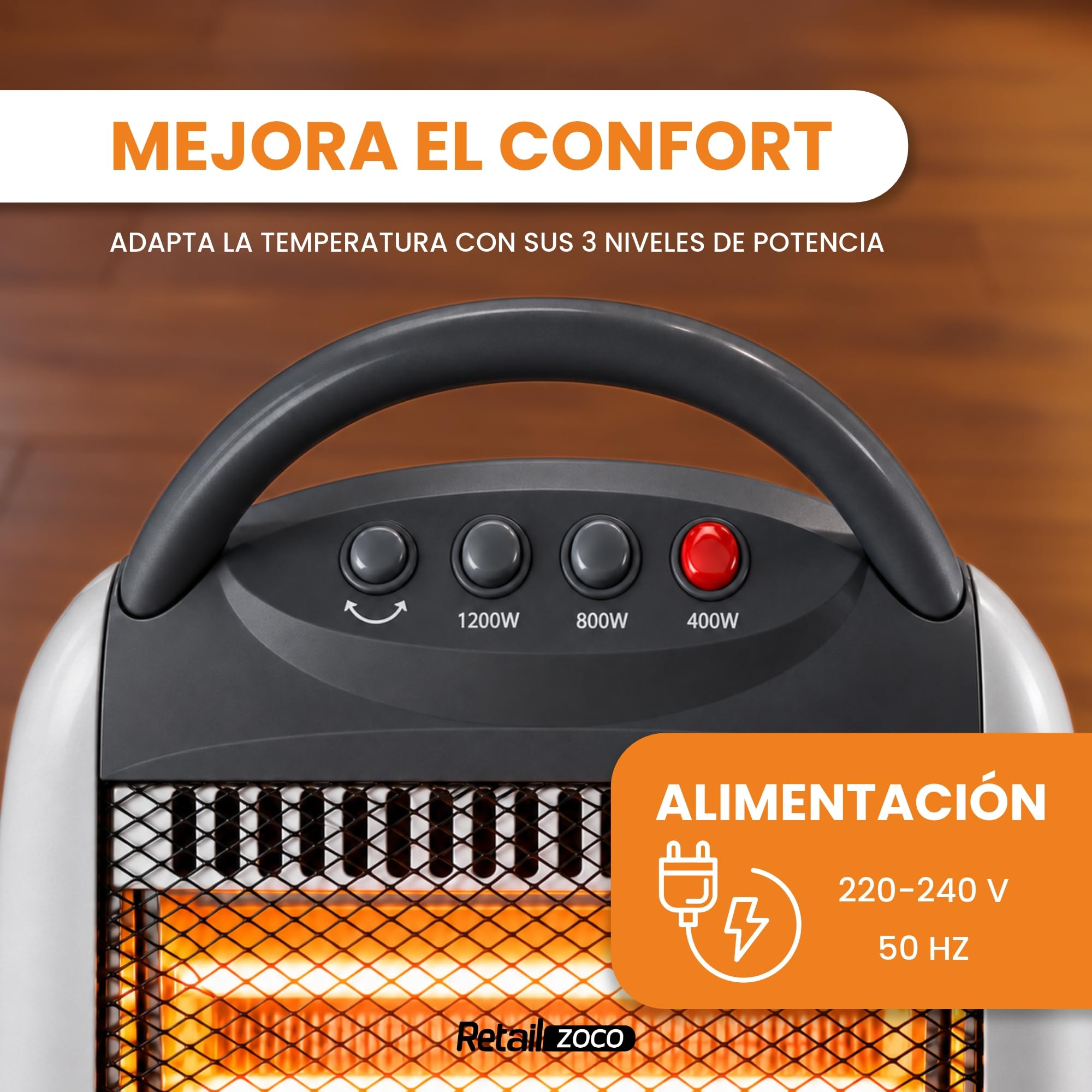 Estufa Halógena Oscilante 400/800/1200 W con Antivuelco y Asa, Negro - imagen 4