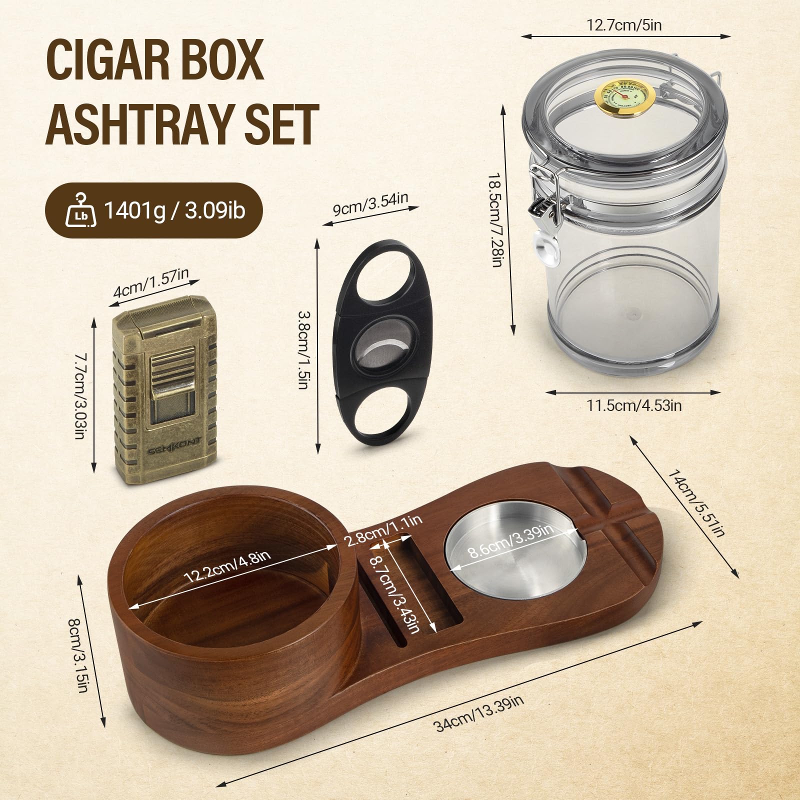 Juego de humidor de puros y cenicero de puros, cenicero de madera con bandeja para tarros, accesorios de cigarros, juegos de regalo para hombres (marrón oscuro, ovalado)