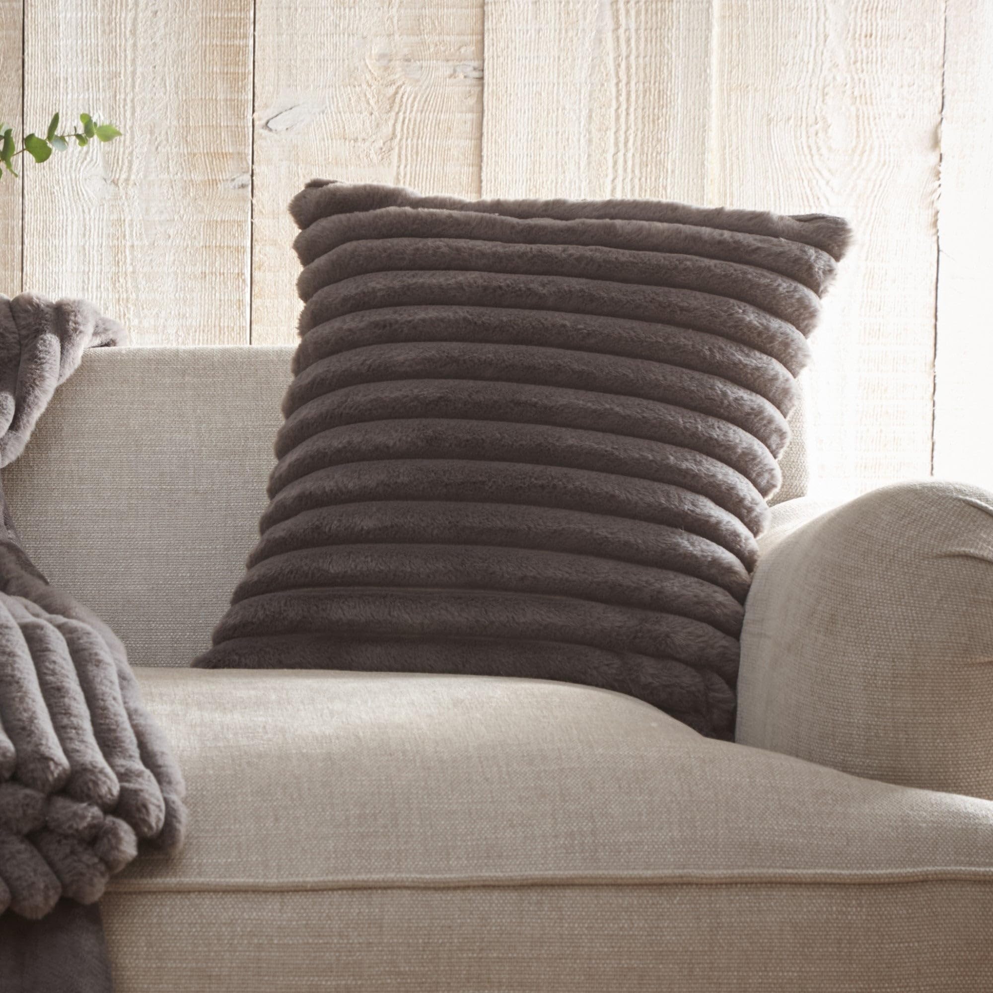 Appletree - Charcoal Faux Fur Cushion (43 x 43cm) - Super Soft Fake Rabbit Fur - Lined - Grey Stripe