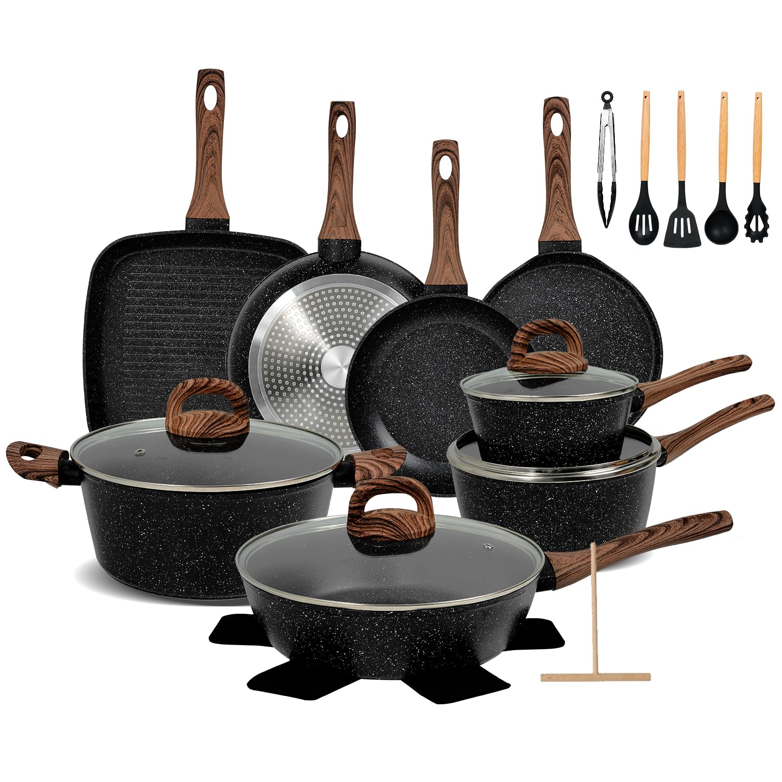 EWFEN Nonstick Pots and Pans Set, 25-Piece Ceramic Cookware Set, Induction Kitchen Cooking Set with Frying Pans Saucepans & Utensils, Healthy Non-toxic, PFAS/PTFE/PFOA Free, Black