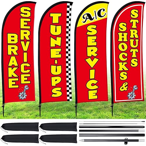 Buryeah 4 Pack Auto Repair Shop Feather Flag Kit with Flagpole Ground Stake Portable Bag for Business Advertisement, Flag Pole Set Includes Feather Flags, Pole and Ground Spikes(Red)