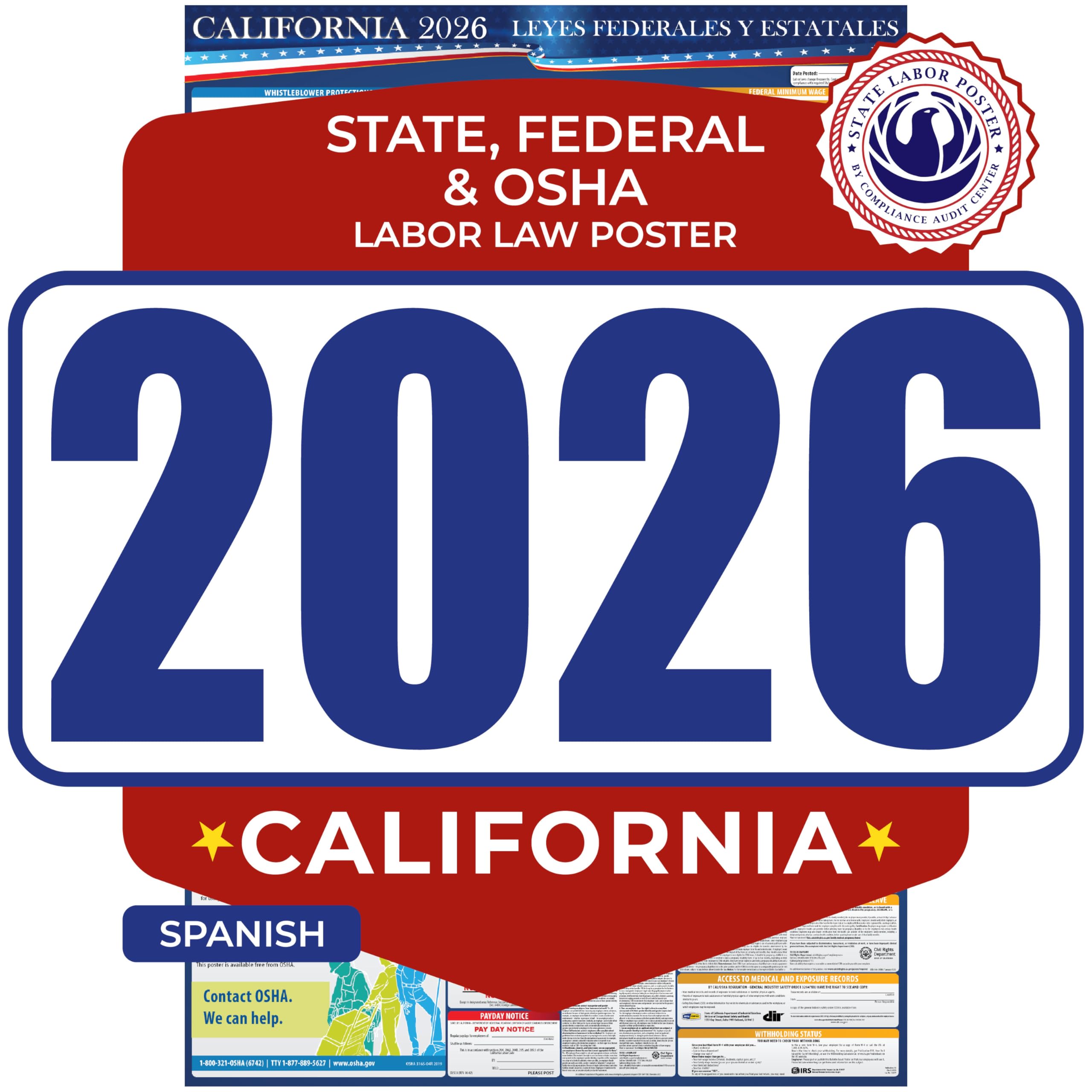 2026 California State and Federal Labor Law Poster - Spanish Version - OSHA Workplace Compliant - Mandatory Regulations Posting for Employees -
