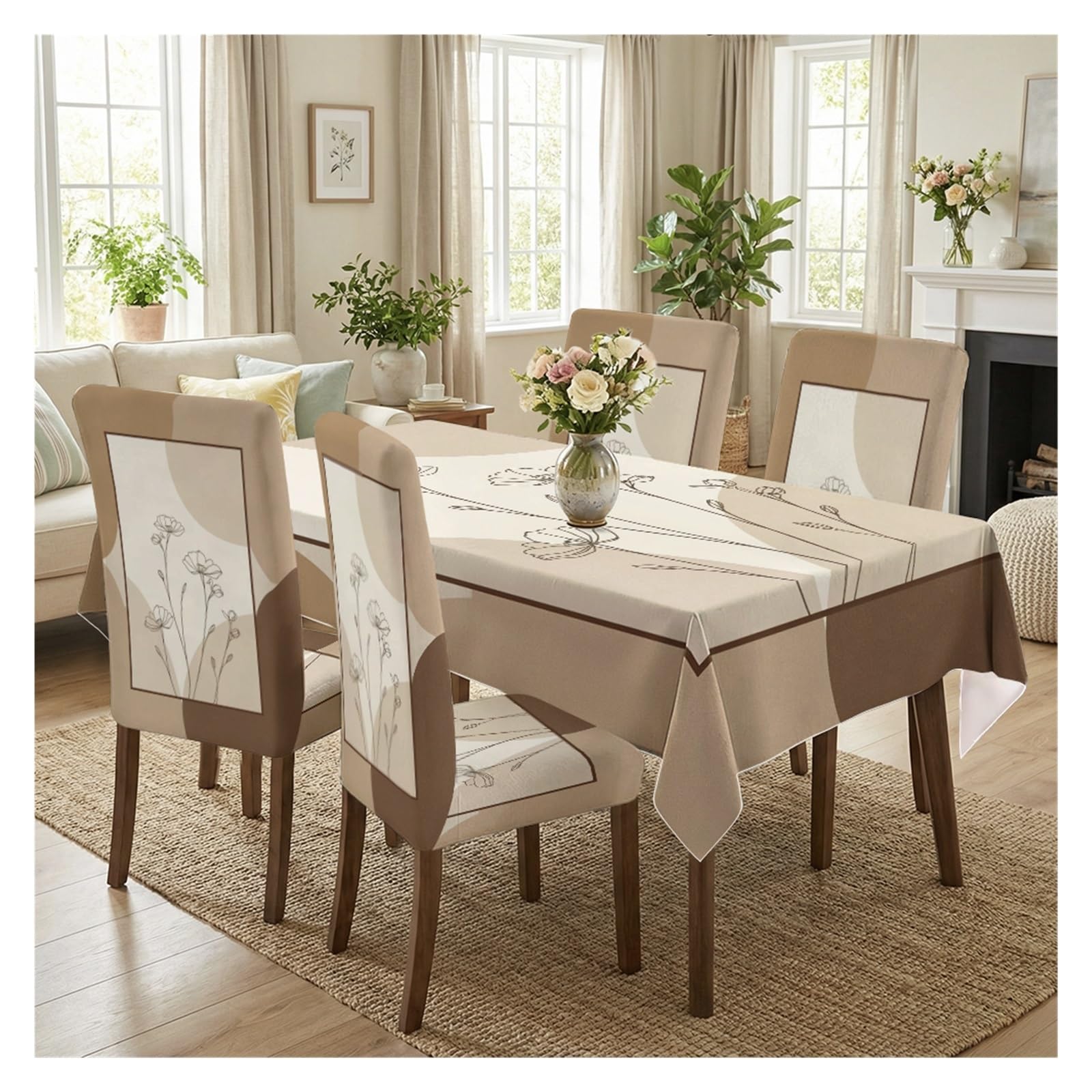 BOSUYBN Minimalist Botanical Dining Set Covers, 5/7 Piece Tablecloth With Matching Chair Slipcovers In Neutral Geometric Design Table Setting(5pcs Set: Tablecloth+Chair Covers)