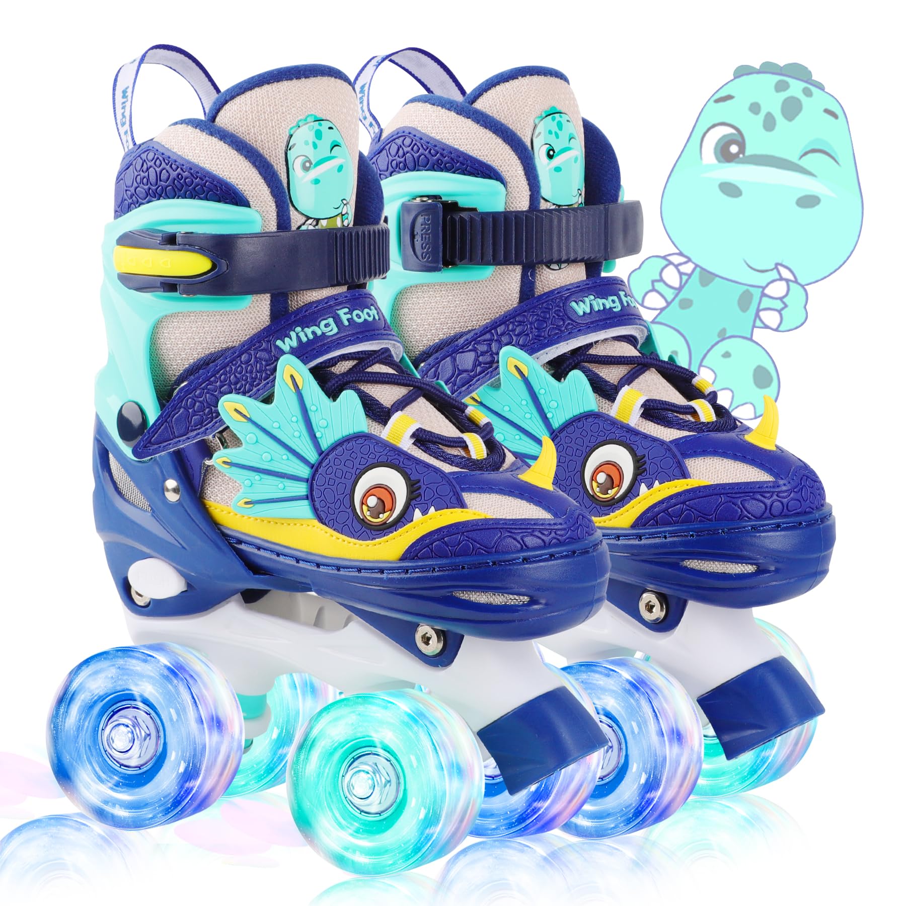Dino Kids Toddler Roller Skates for Boys Girls Dinosaur Quad Skating Shoes with Shiny Light up Wheels Adjustable Sizes Beginners rollerskates for Birthday Xmas Gifts