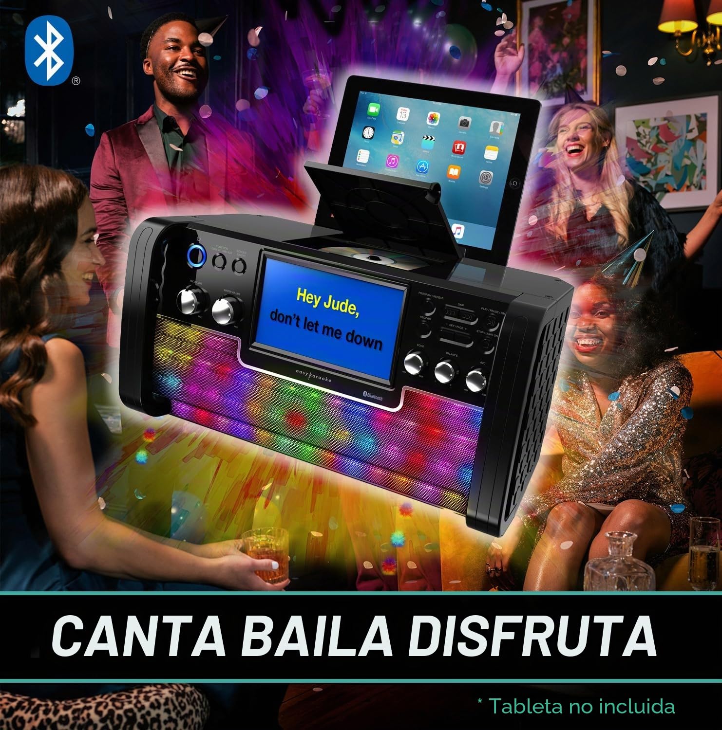 Easy Karaoke EKS780-BT Bluetooth CD+CDG Karaoke Disco Party Machine con Altavoz, 1 micrófono, Luces LED de Discoteca y Pantalla TFT a Color de 7 Pulgadas