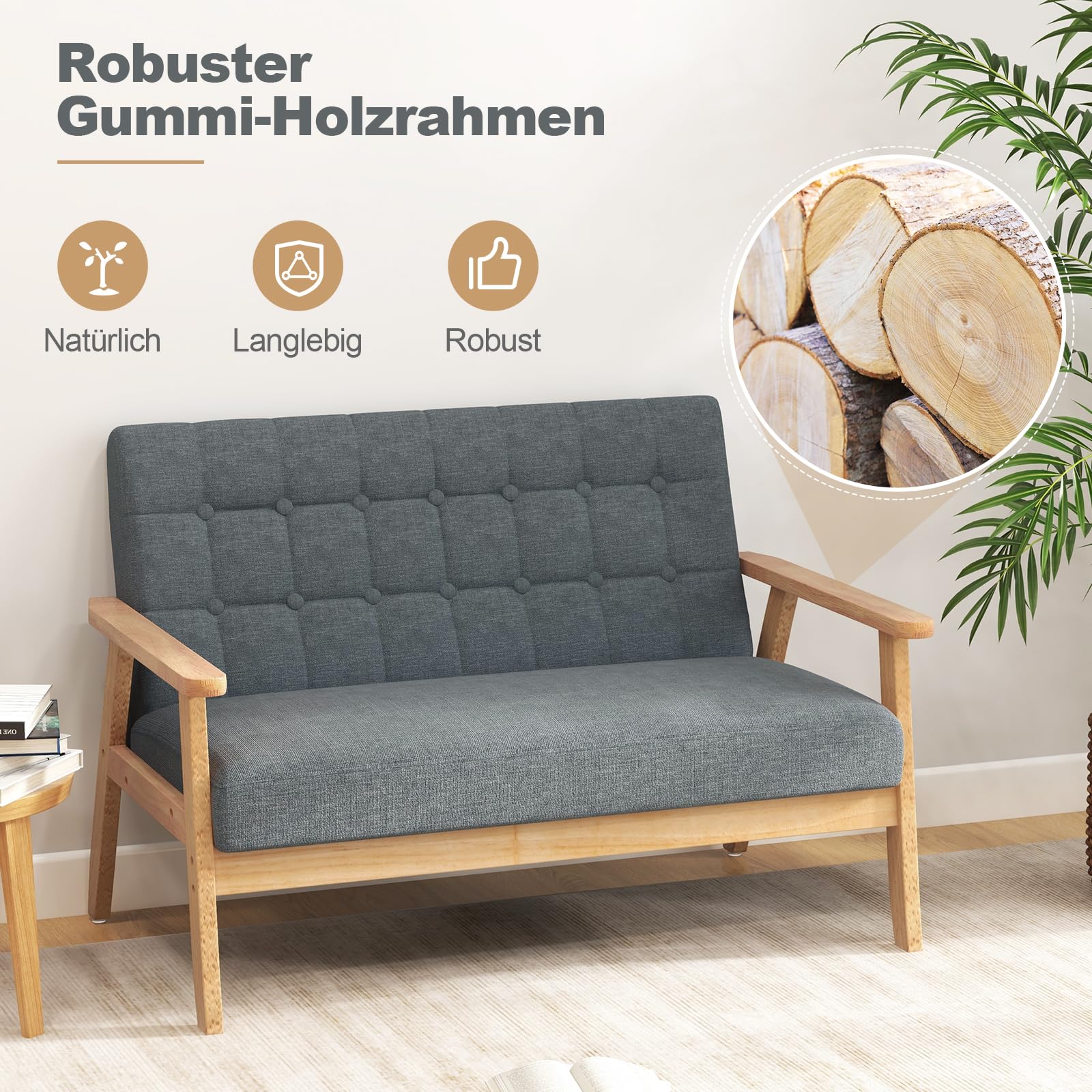 RELAX4LIFE 2 Sitzer Sofa, Polstersofa mit Massivholzrahmen Dickem Sitzkissen, Doppelsofa mit Rücklehne & Armlehnen, bis 250 kg belastbar, Gepolstertes Sofa für Wohnzimmer Schlafzimmer Büro