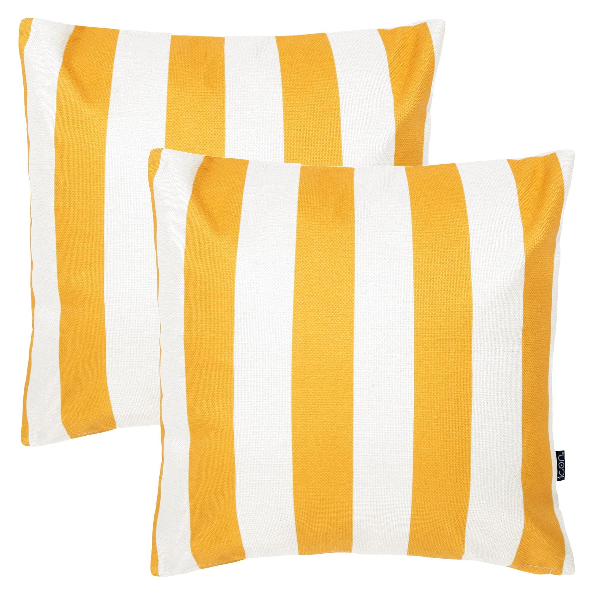 icon Indoor Outdoor Cushions Filled, Stripe Collection, Yellow, Set of 2, 43cm x 43cm, Water Resistant, Yellow Outdoor Cushions for Garden Furniture, Lounge, Garden, Patio