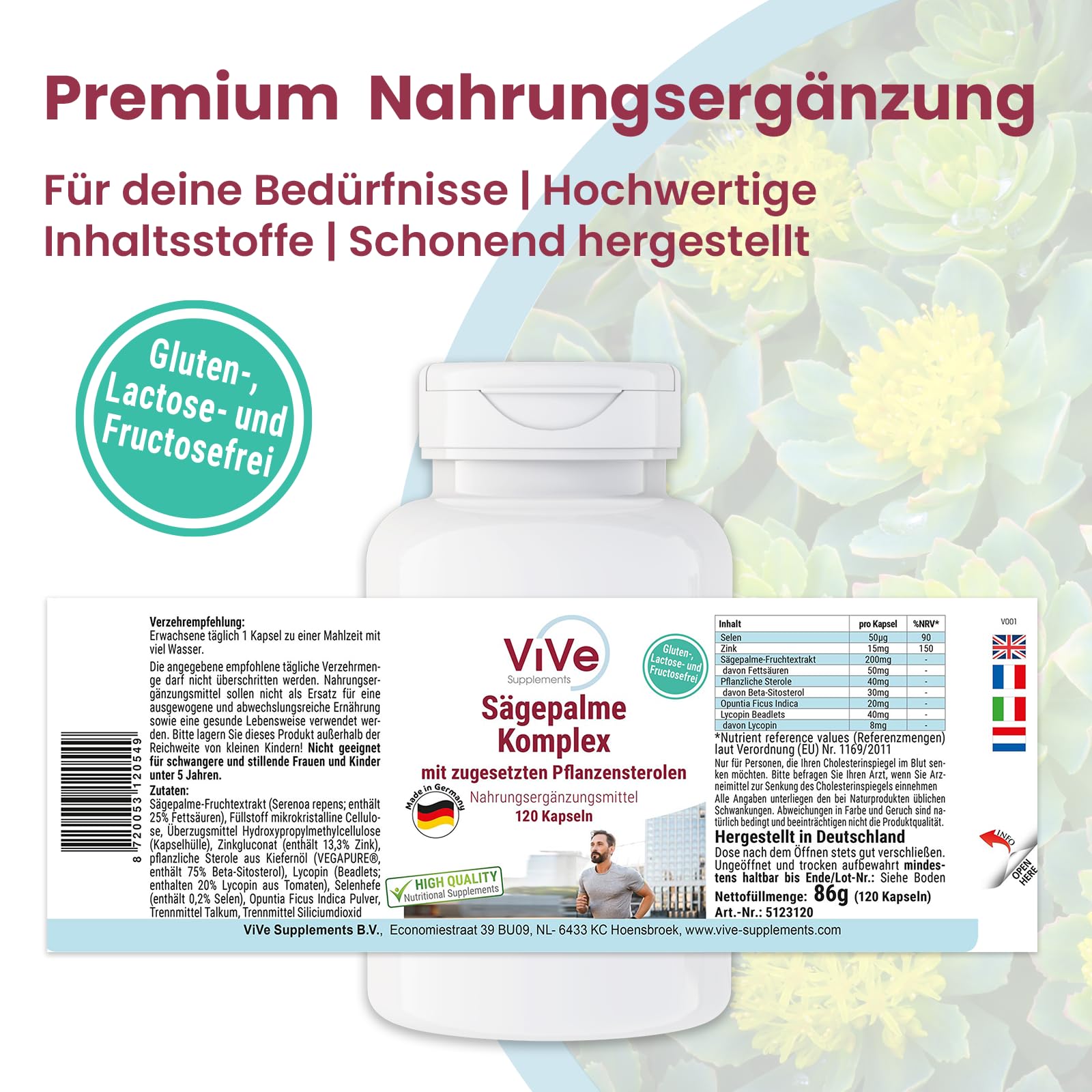 Sägepalmen Komplex - 120 Kapseln - Prostata Kapseln - Saw Palmetto mit Selen, Zink, Beta Sitosterol, Lycopin und Feigenkaktus - Hochdosiert - Vegan | Qualität aus Deutschland von ViVe Supplements