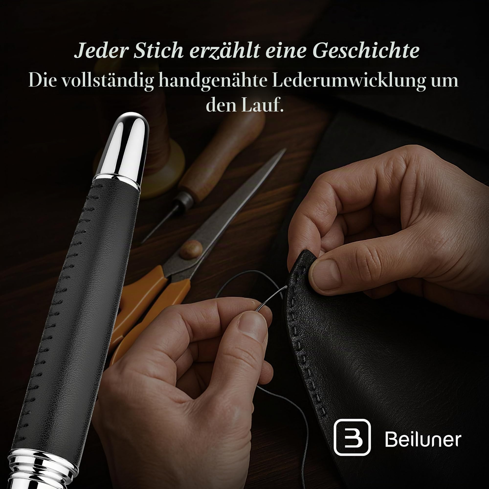 BEILUNER 318 Luxus Lederstift – handgenähtes Premium-Leder mit Chrom-Finish, Schmidt-Tintenmine, nachfüllbarer Rollerball für Damen & Herren, ideal als Geschenk für gehobene Schreibkultur