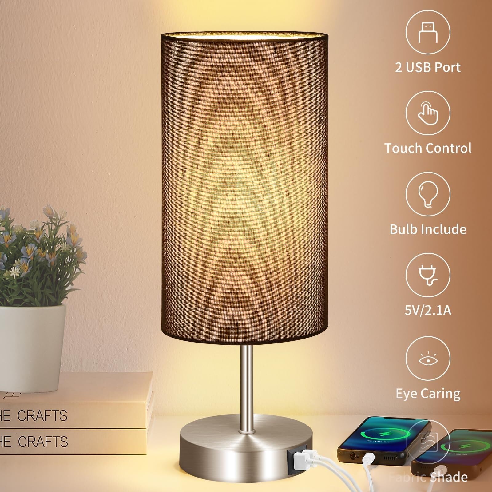 Lampka nocna Lampka nocna dotykowa, mała drewniana lampa stołowa do sypialni z 2 portami ładowania USB i białym kloszem z tkaniny Lampki nocne(F)