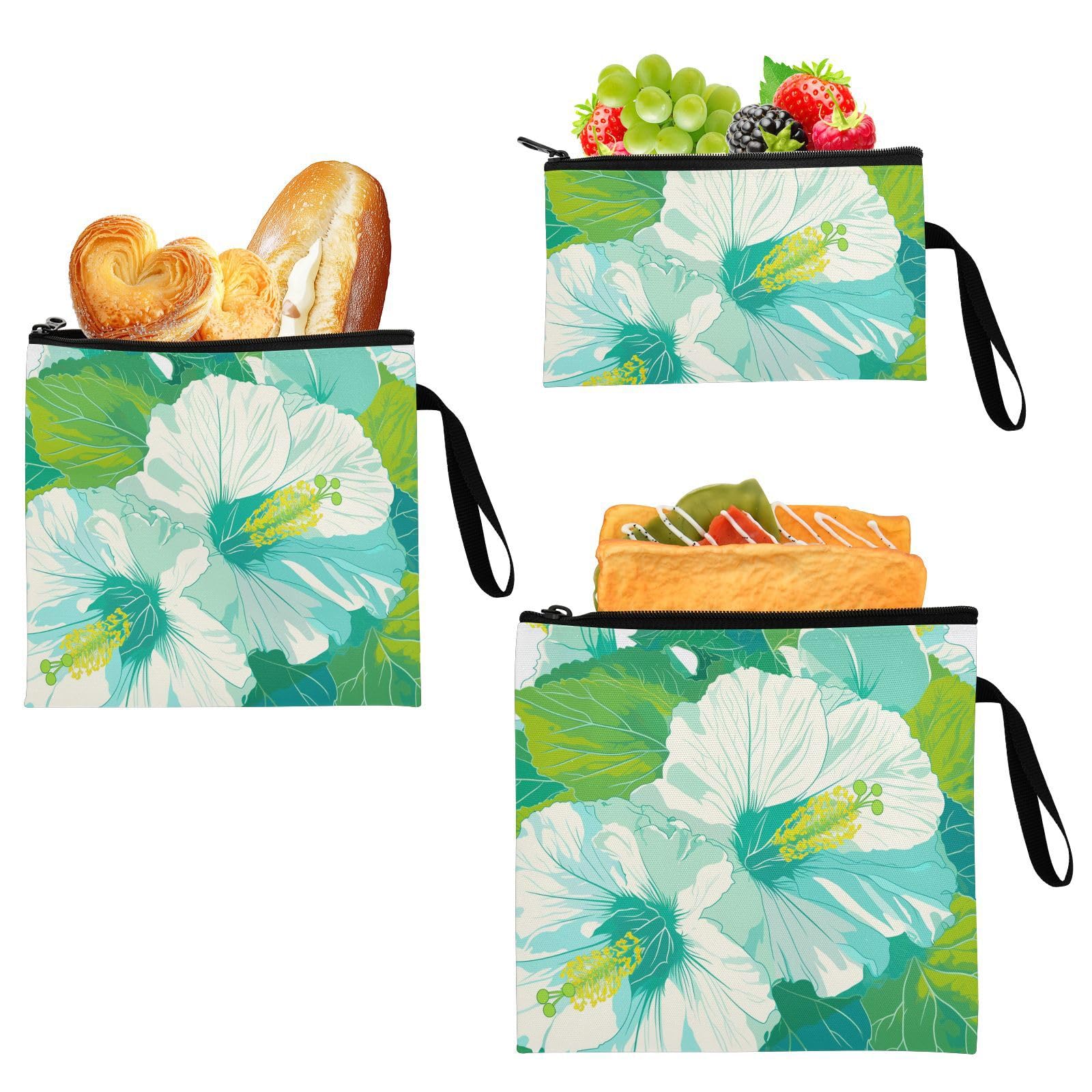 Sweet Mint Green Flowers 3-Pack Reusable Travel Snack Bags Portable Food bags for Women Girls Trip