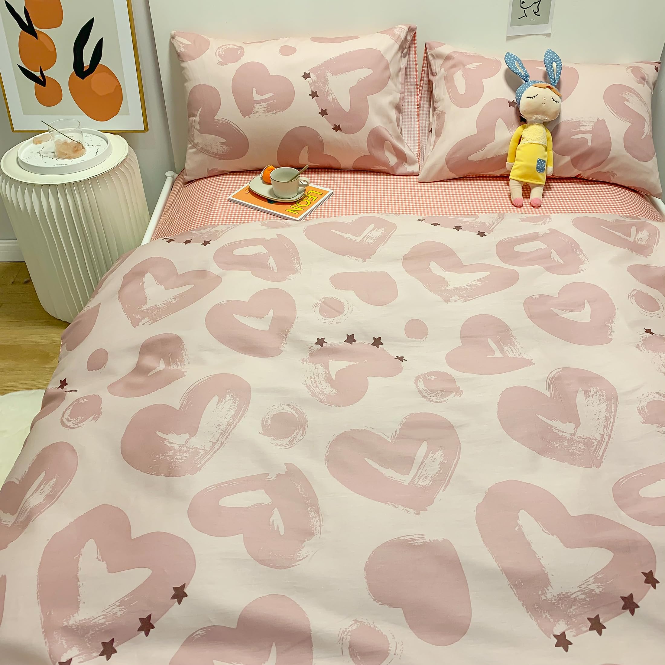 GETIYA Biancheria da letto da donna e ragazza, 135 x 200 cm, in cotone, motivo cuore, copripiumino singolo, romantico, rosa, reversibile, con chiusura lampo e 1 federa 80 x 80 cm