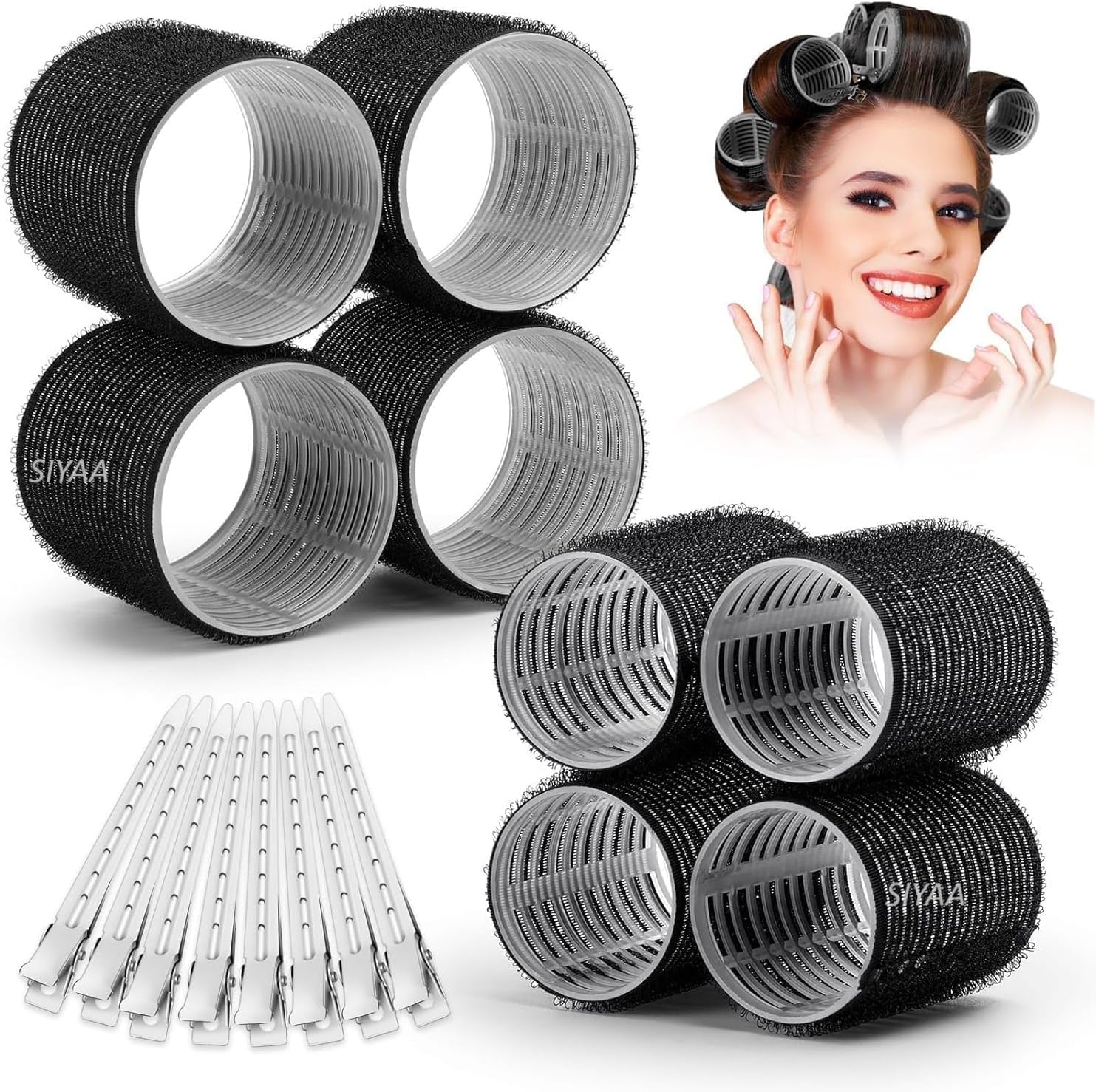 Self Grip Hair Rollers Curlers 20 Pcs Set with 8Pcs Heatless Hair Rollers 2 Sizes (4 Jumbo & 4 Large) and 12 Pcs Hair Clips for Long Medium Short Thick Fine Thin Hair Volume