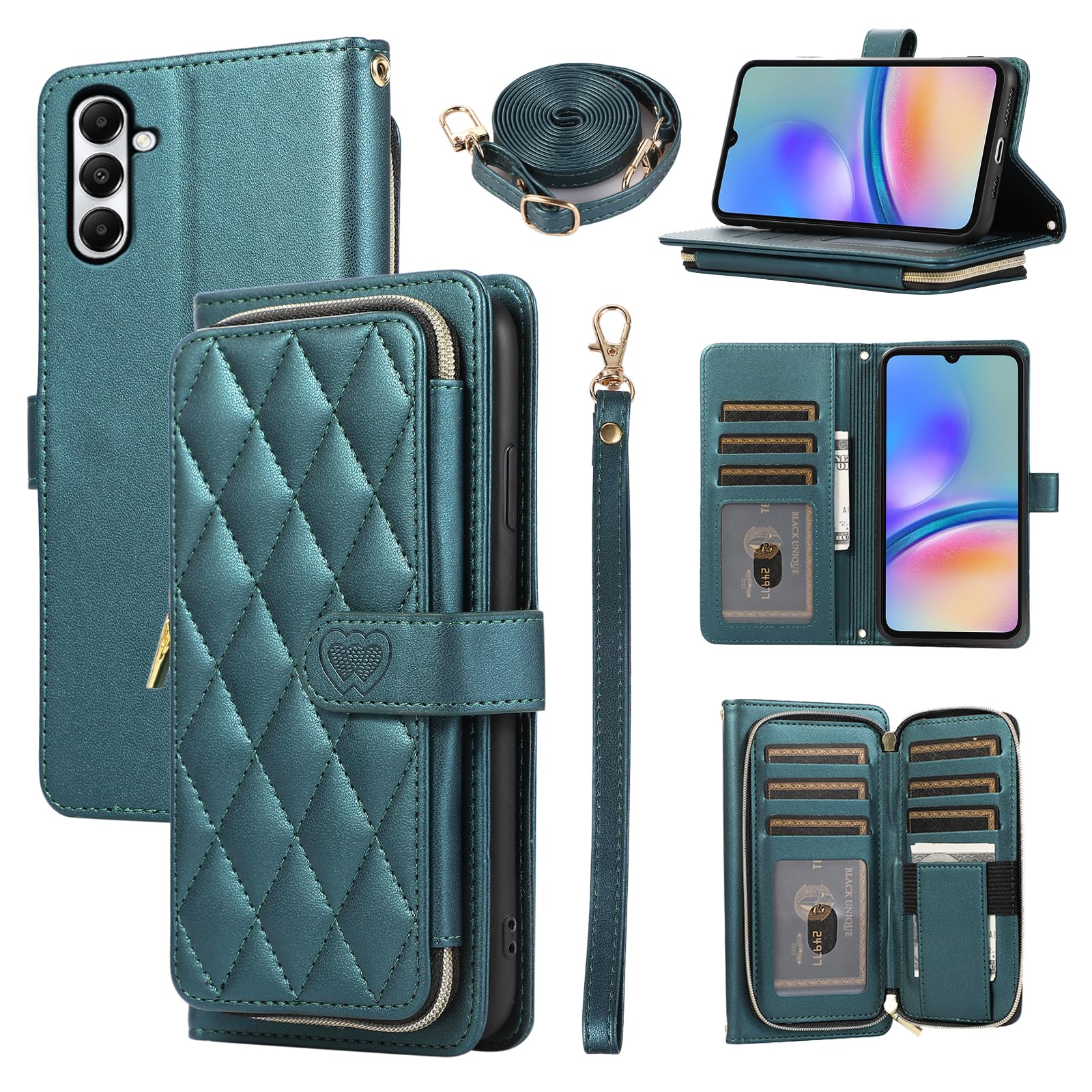 Furiet Argyle Wallet Case for Samsung Galaxy A05s/A05 with Wrist Strap Shoulder Strap, 9+ Card Slots Zipper Purse, Luxury PU Leather Stand Checkered Phone Cover for Ao5s Ao5 A 05s 05 Women Green