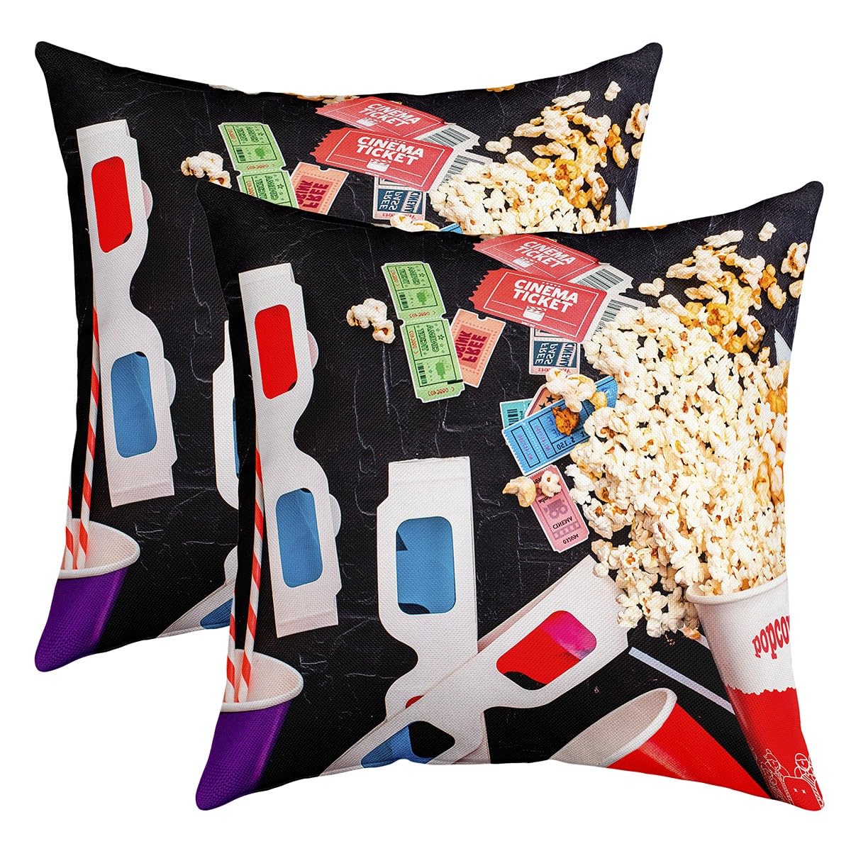 Loussiesd Popcorn Square Cushion Covers Set of 2 Movie Night Reversible Throw Pillow Covers for Kids Movie Theater Decor Pillow Covers Home Decor Decor Movie Home Theater Decor 16x16 Inch