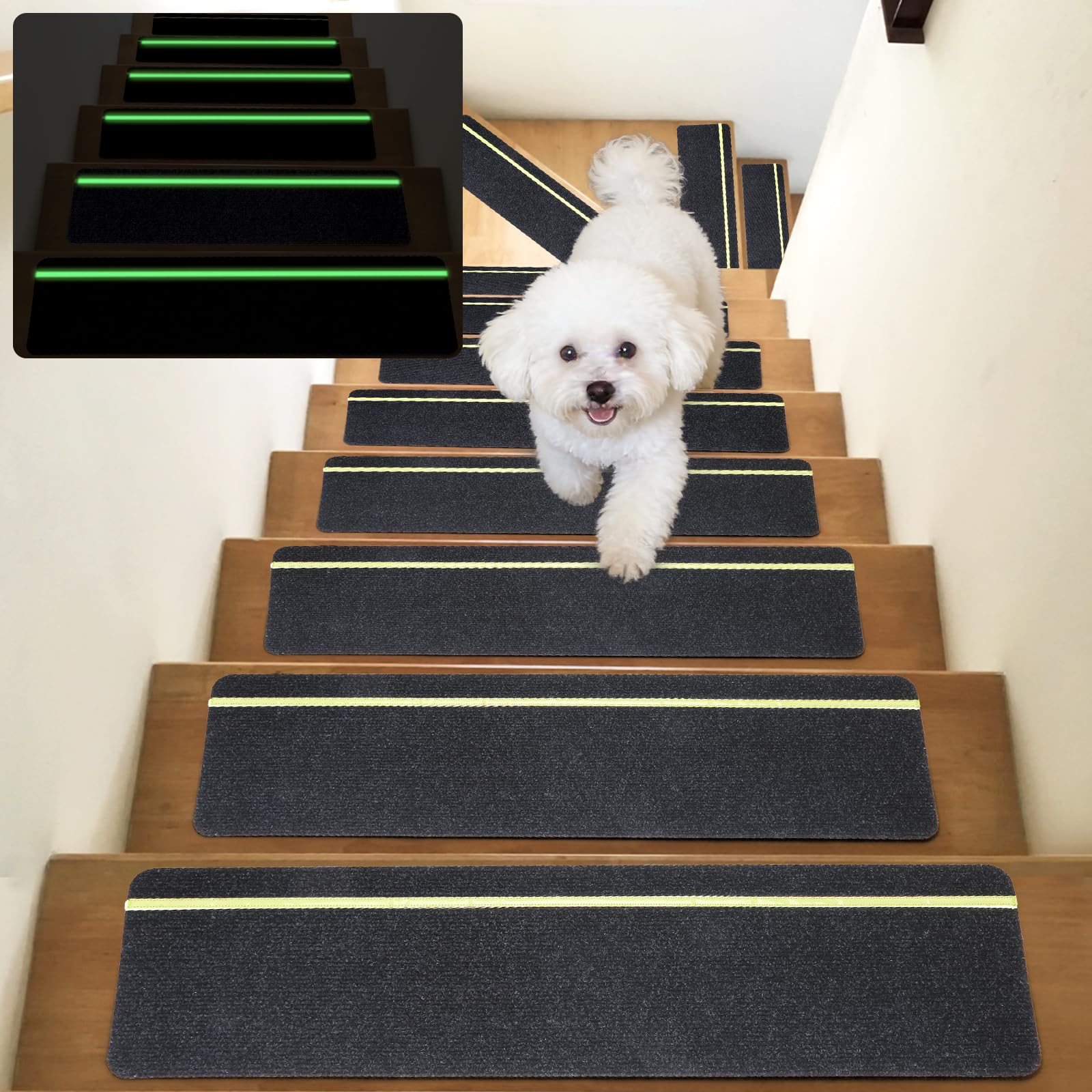 DEKEones 15 Stück Treppenmatten mit Glow in Dark Streifen, 76x20cm Treppenmatten Selbstklebend für Holztreppen, 100% Polyester TPE Rückseite Treppenteppich für Kinder, Ältere und Haustiere（schwarz）