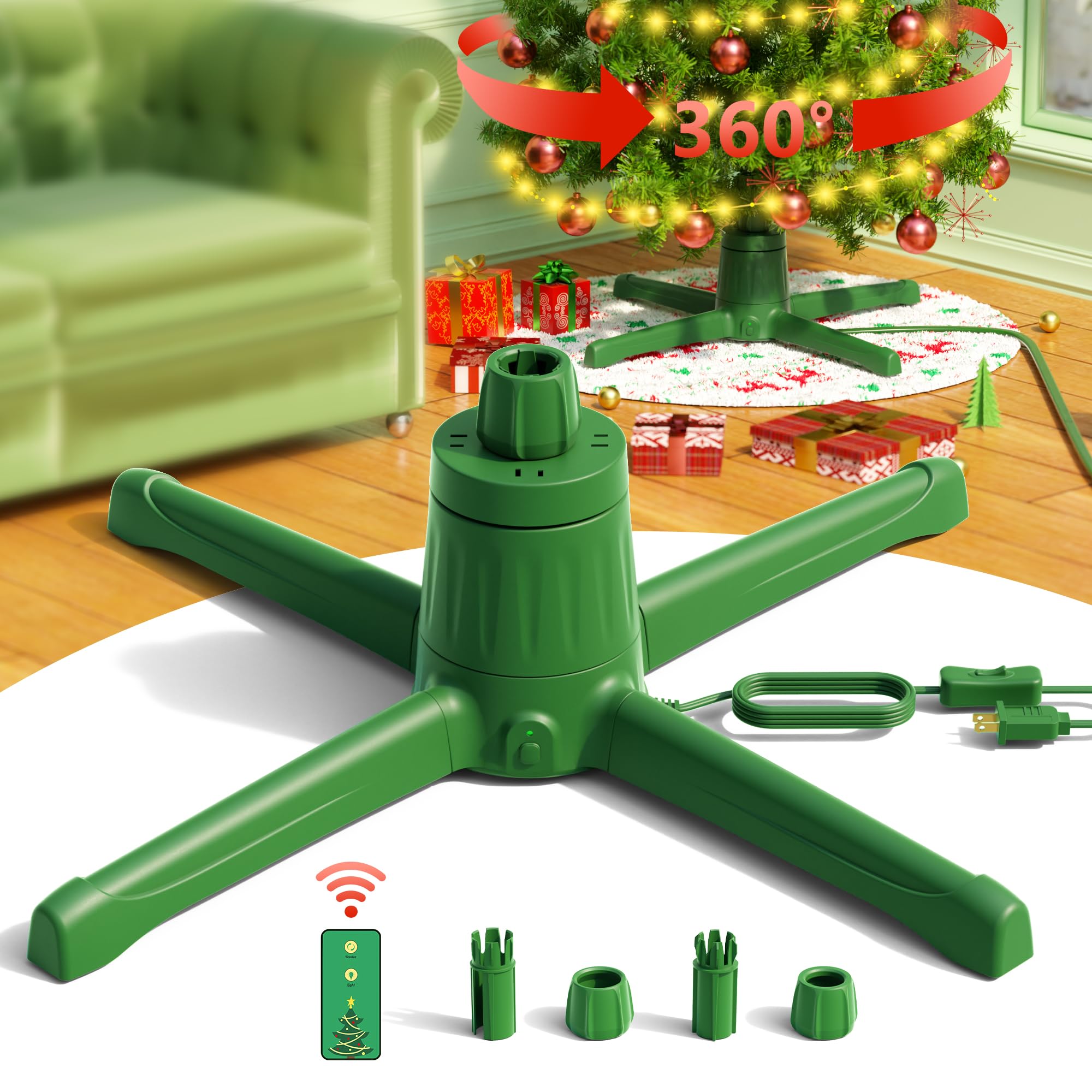 COOLWUFAN 360-Dgree Rotating Christmas Tree Stand for Up to 9ft & 120lb Artificial Trees, 4 Built-in Power Outlets Base with Remote Control, Sturdy Revolving Holder for 7.5ft Xmas Tree (Dark Green)