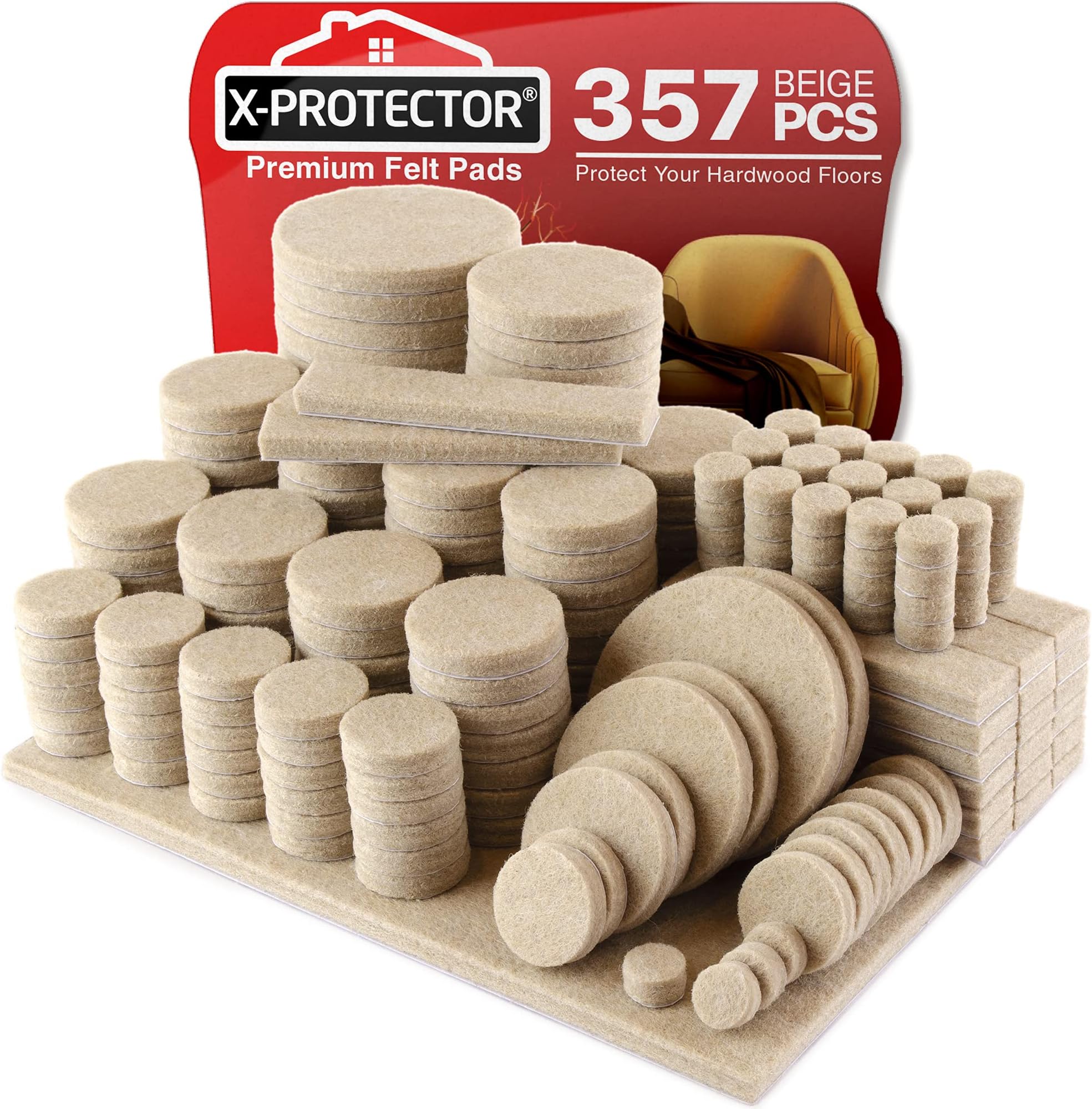 - X-Protector 357 pcs Beige Felt Furniture Pads - Huge Quantity of Hardwood Floor Protectors with Many Big Sizes - Protect Any Type of Hard Floor