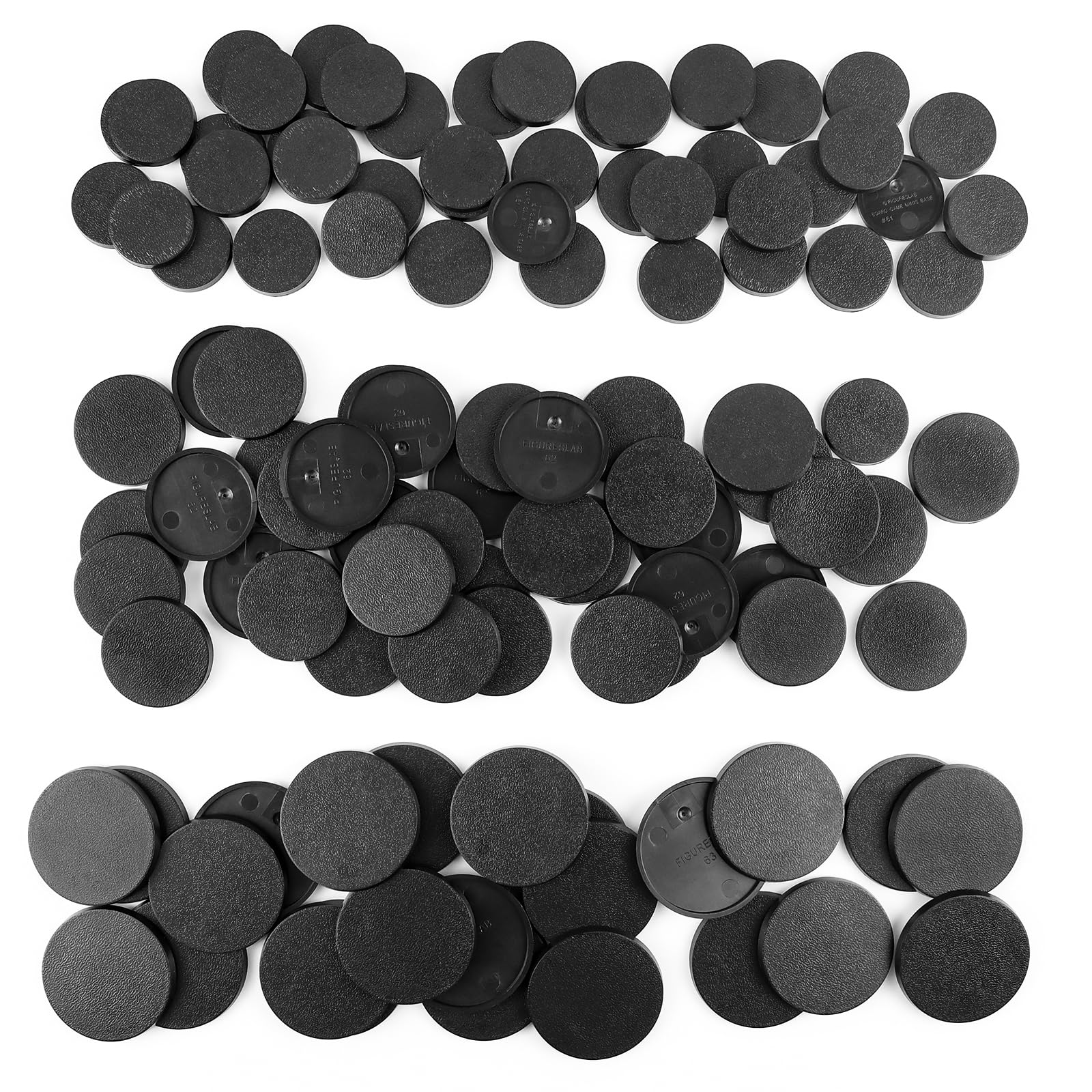 Lot de 100 bases miniatures + 120 adhésifs, 25 mm, 32 mm, 40 mm, mélange de bases rondes en plastique noir pour jeux miniatures, jeux de table de guerre ou jeux de société