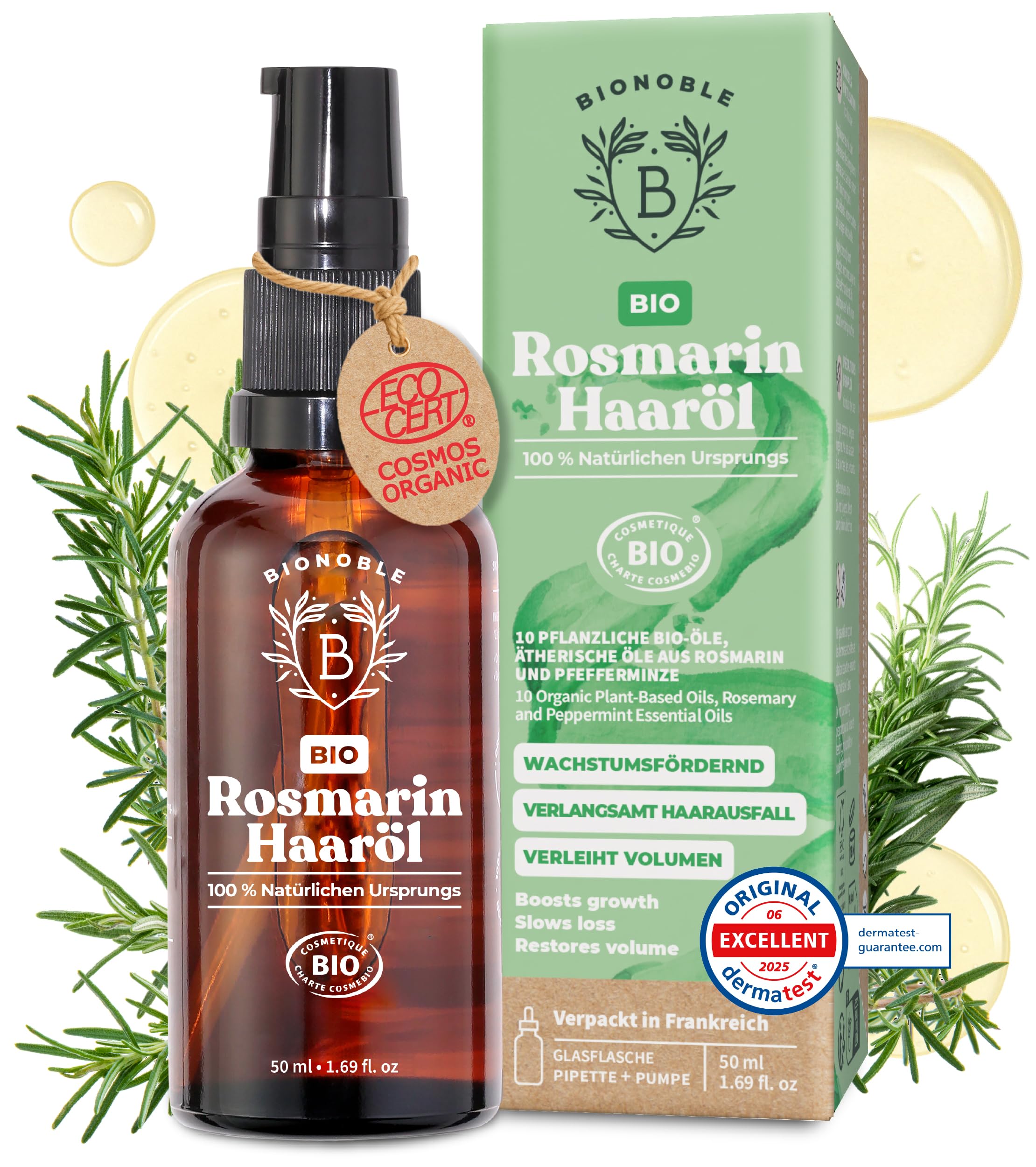 BIONOBLE Rosmarinöl Haare Bio - Fördert Haarwachstum  Verlangsamt Haarausfall  Kopfhaut Öl - Hair Oil mit Rosmarin Öl und Rizinusöl - Rosemary Oil for Hair Growth - Glasflasche  Pipette  Pumpe - 50ml