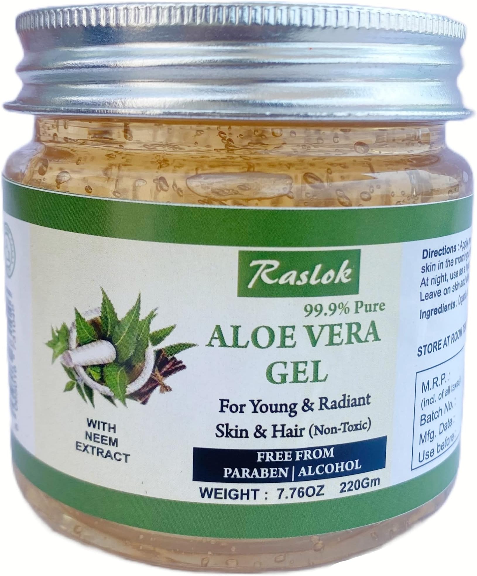 Raslok Aloe Vera Gel | 100% Pure Natural Aloe Gel | For Moisturizing Face Skin and Hair Care,Durable Moisturizing Hydrating Soothing | Non-Sticky (Neem)