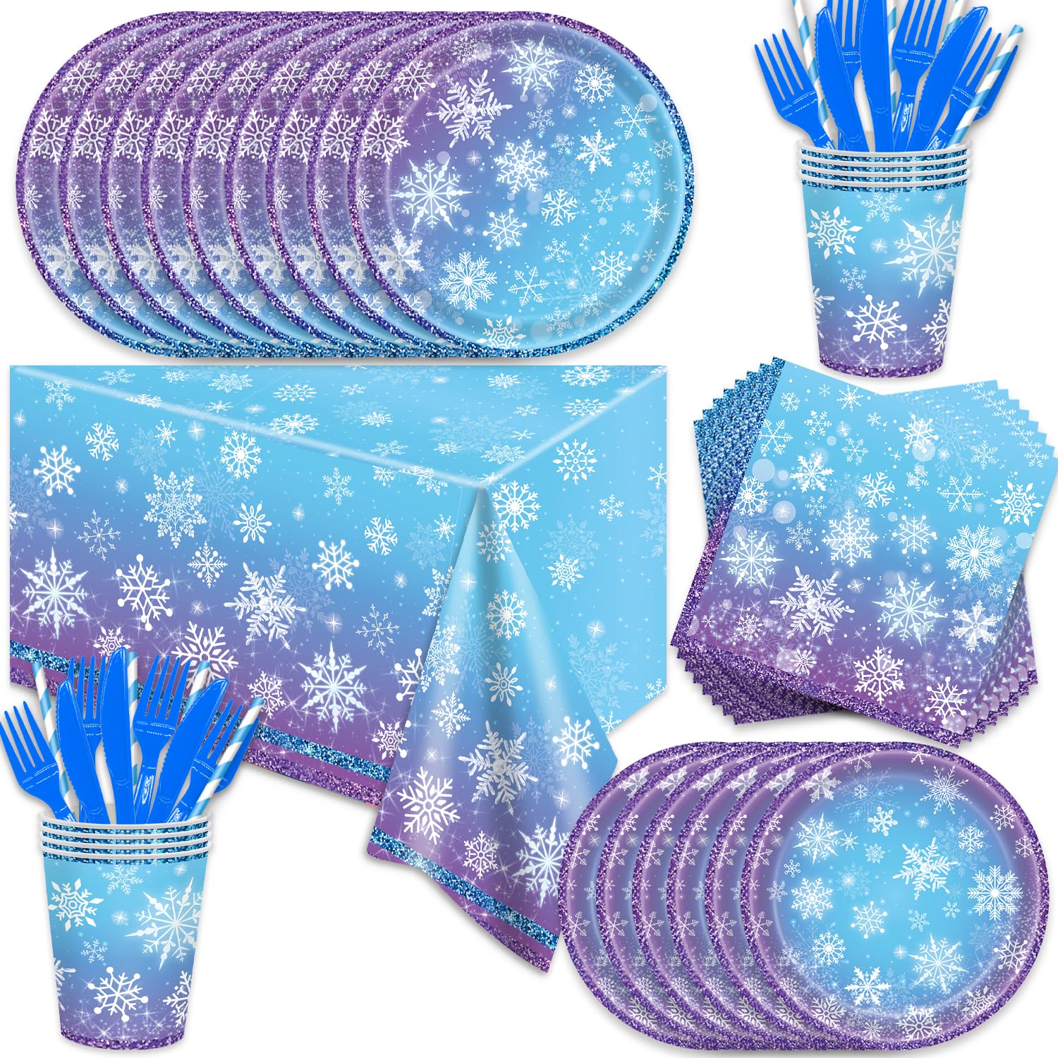 141Pcs Snowflake Birthday Party Decorations for 20 Guests - Frozen Themed Party Plates and Napkins Forks Cups Straws Tablecloth Snowflake Christmas