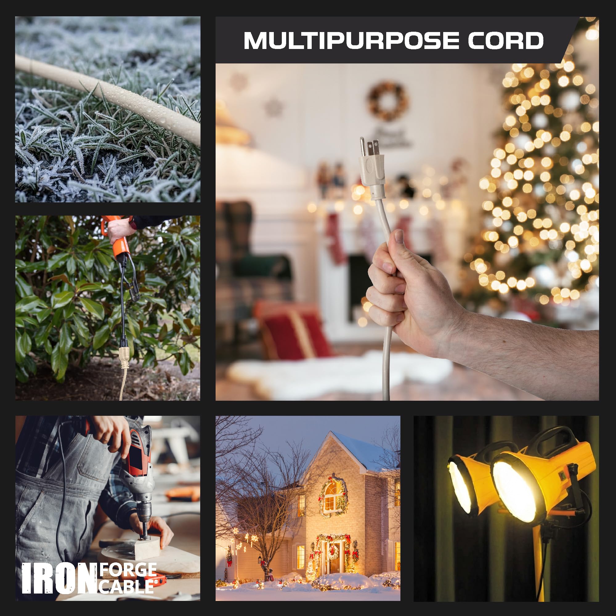 Iron Forge Cable de extensión beige de 10 pies para exteriores, cable resistente de 16/3 con enchufe de tierra de 3 puntas para seguridad, 13 amperios para jardín, césped, herramientas y
