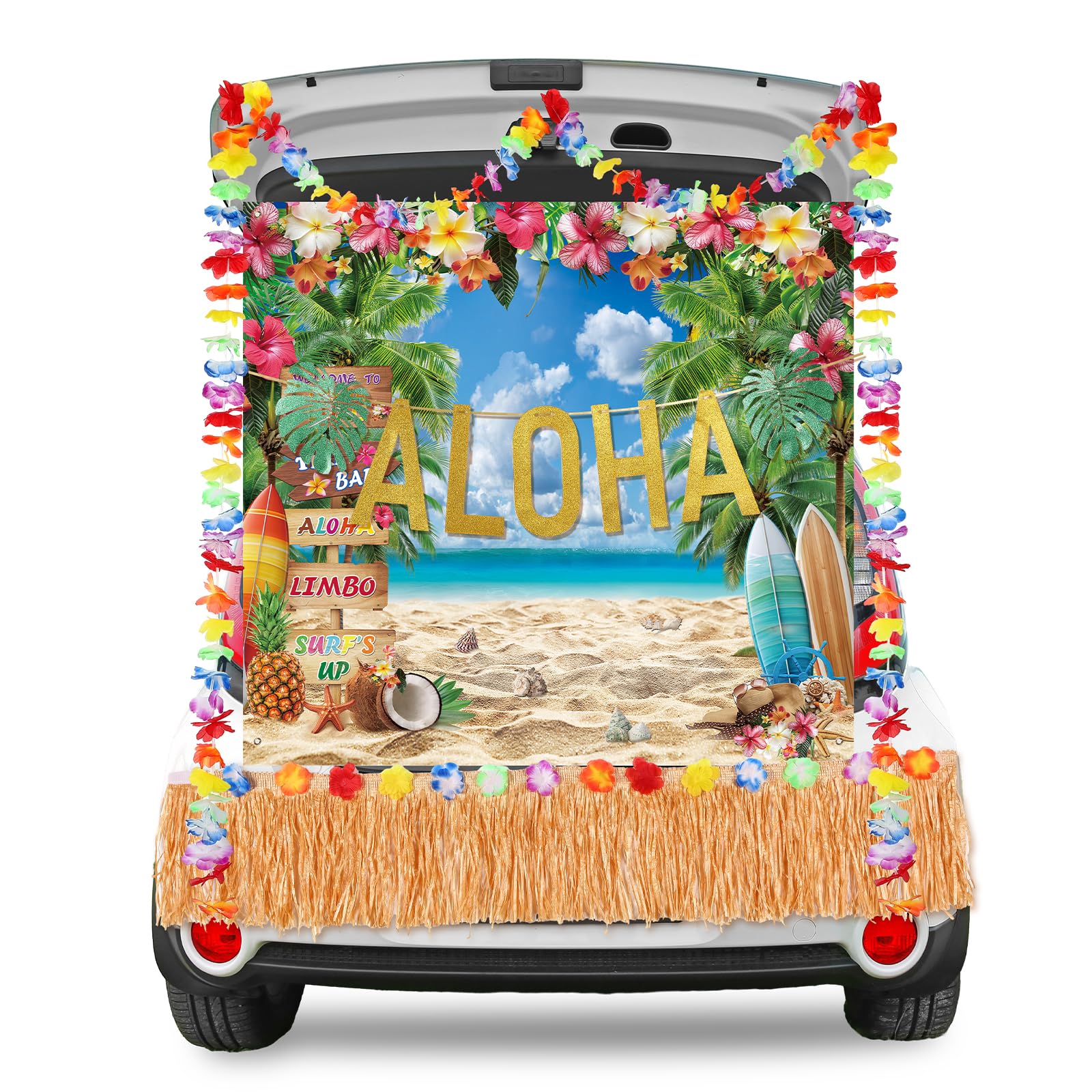 Décoration voiture Halloween hawaïenne Panelee avec bannière Aloha et jupe de table pour fête