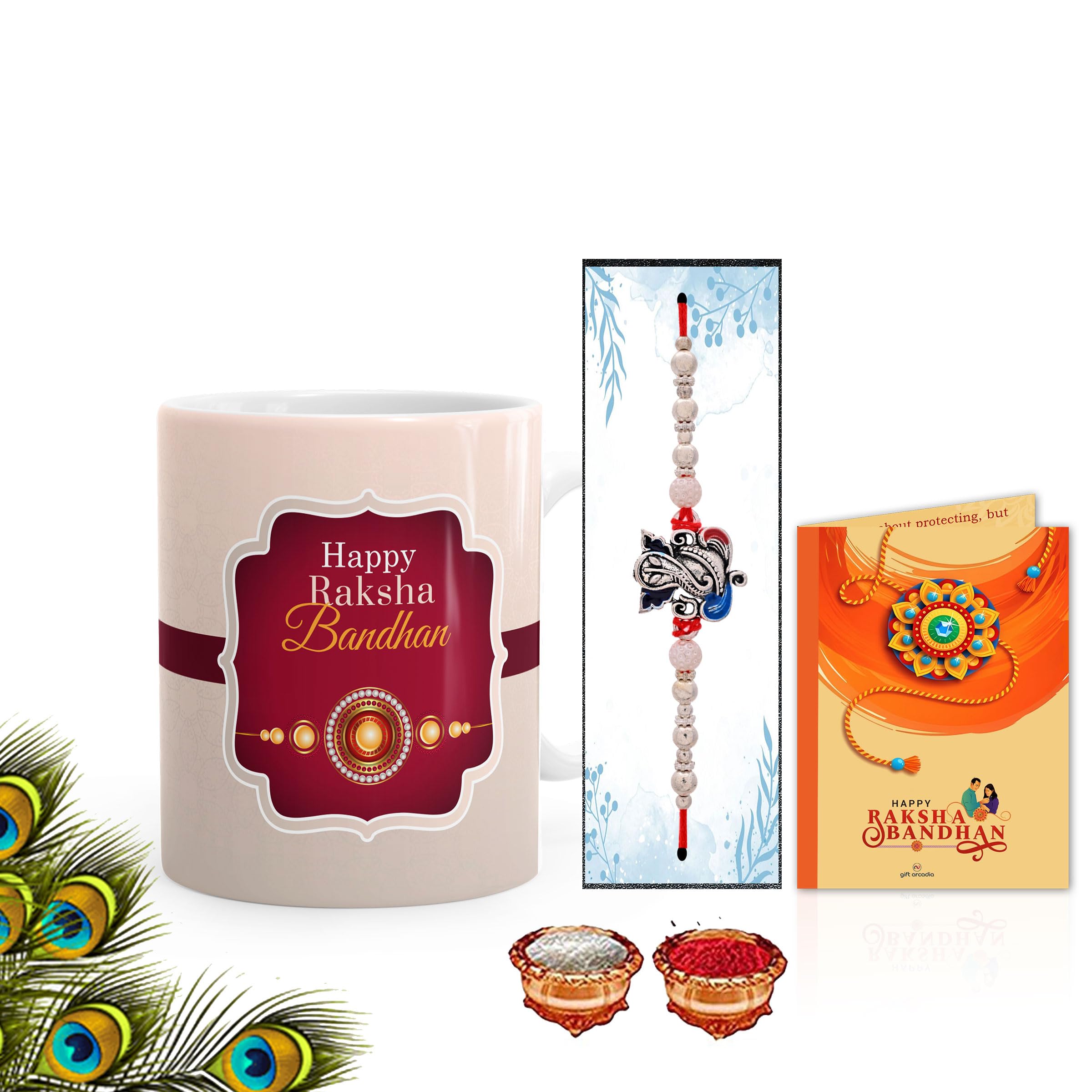Gift Arcadia Rakhi for Brother with Printed Ceramic Mug Combo |Pack of 4 (Greeting Card, Roli Chawal, Rakhi, Printed Mug) | Best Gift for Brother (007)