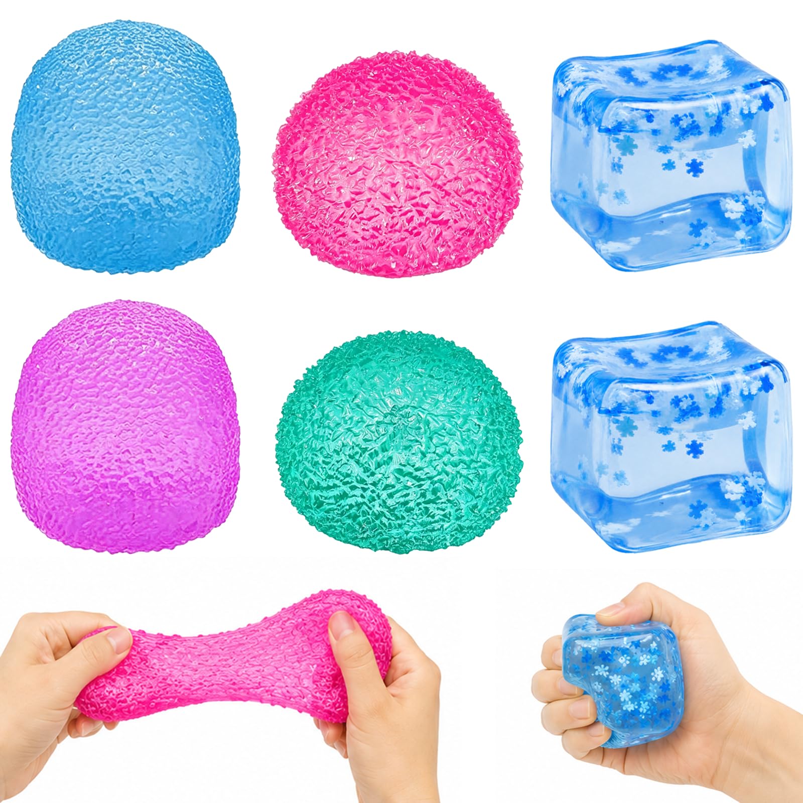 Squishy Fidget Toys, 6 Pcs Stress Balls for Adults Kids, Snow Nice Ice Cube & Textured Sensory Balls, Squeeze Toys for Anxiety Stress Relief, Squeeze Cubes for Autism