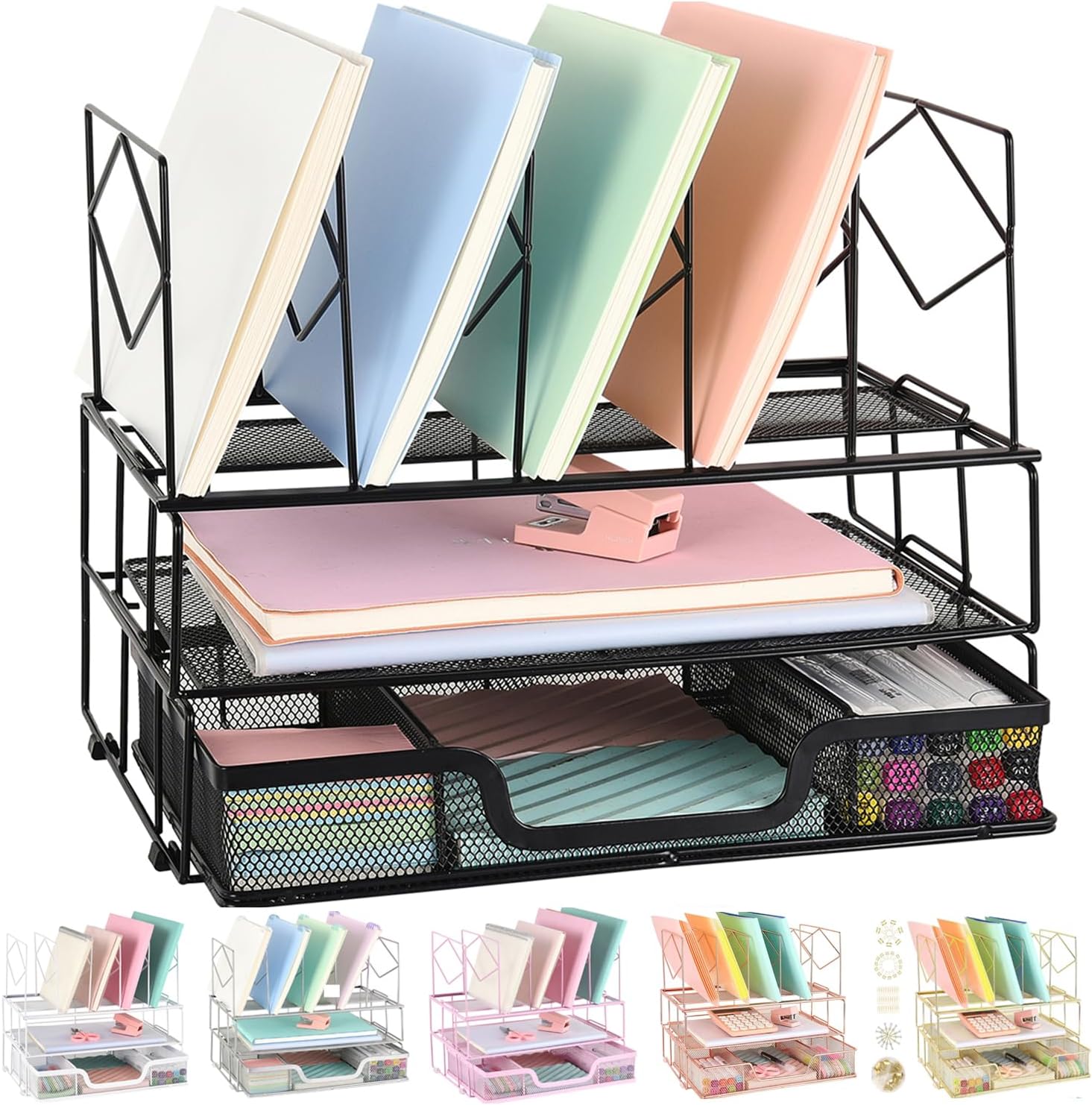 Youbetia Desk organizer, Office Desk Organizers and Accessories, File Organizer Office Organization for Office Supplies, Double Tray and 5 Upright Sections, Black