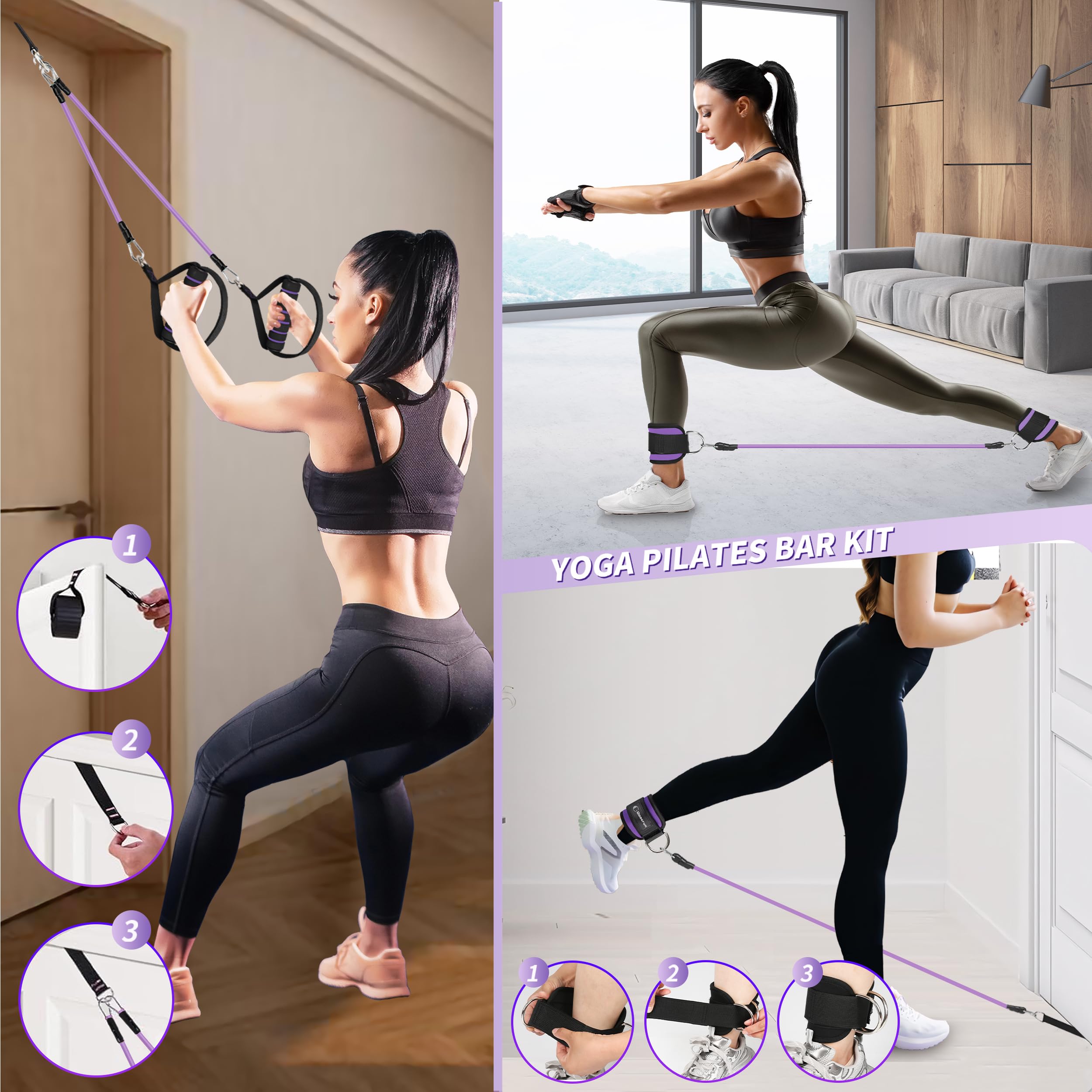 Ensemble de Barres de Pilates et Bandes de Résistance avec Poignées, Salle de Sport Portable à Domicile