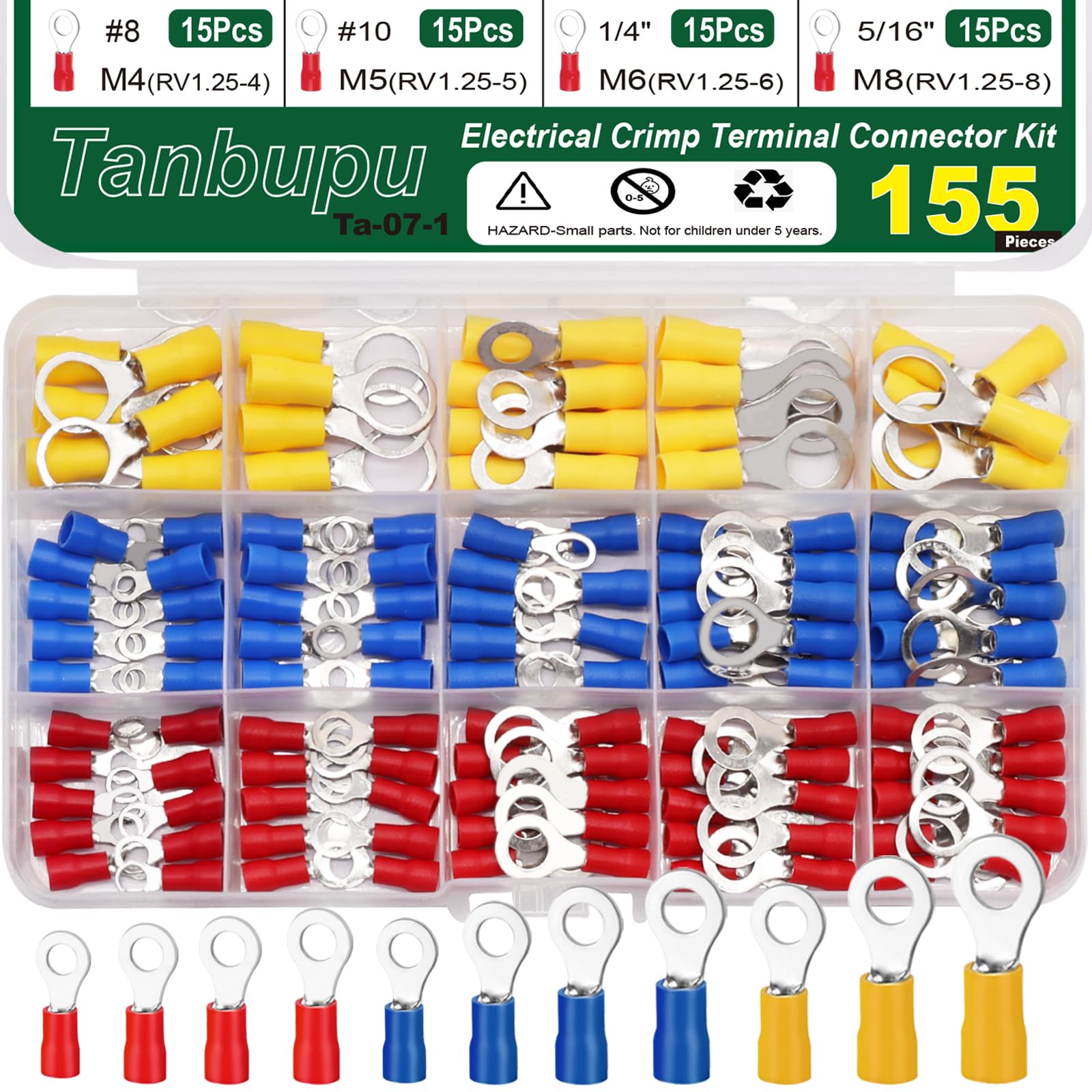 Tanbupu 155pcs Insulated Ring Terminals 11-Sizes(M4/M5/M6/M8/M10) 22-16/16-14/12-11AWG O Ring Connectors Electrical Crimp Terminal Connector