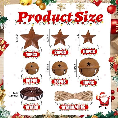 Miniatura 2 de El kit de 165 cascabeles de metal oxidado de Navidad incluye 80 campanas oxidadas vintage de tamaño mixto, 80 estrellas de metal rústico con cinta